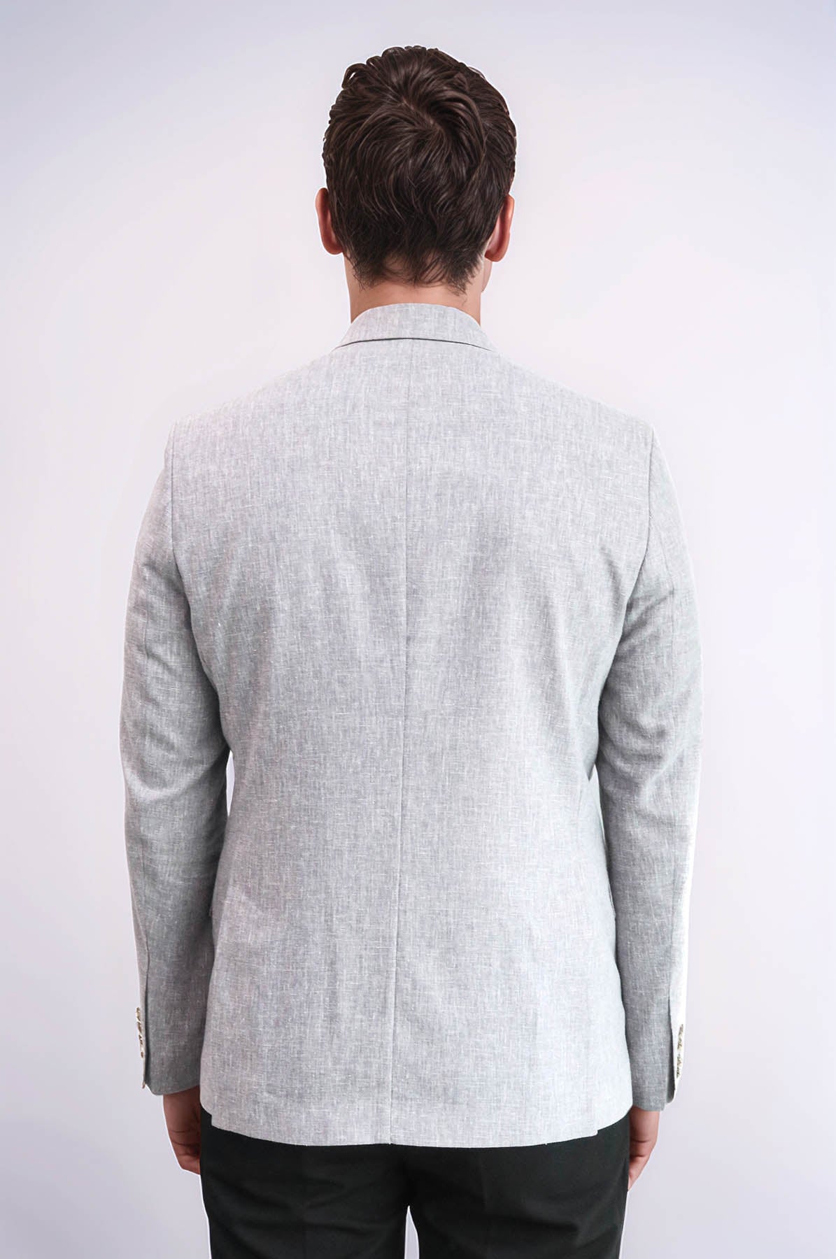 Grey Textured Linen-Feel Gold Metal Button Slim Fit Men's Blazer Jacket - Wessi