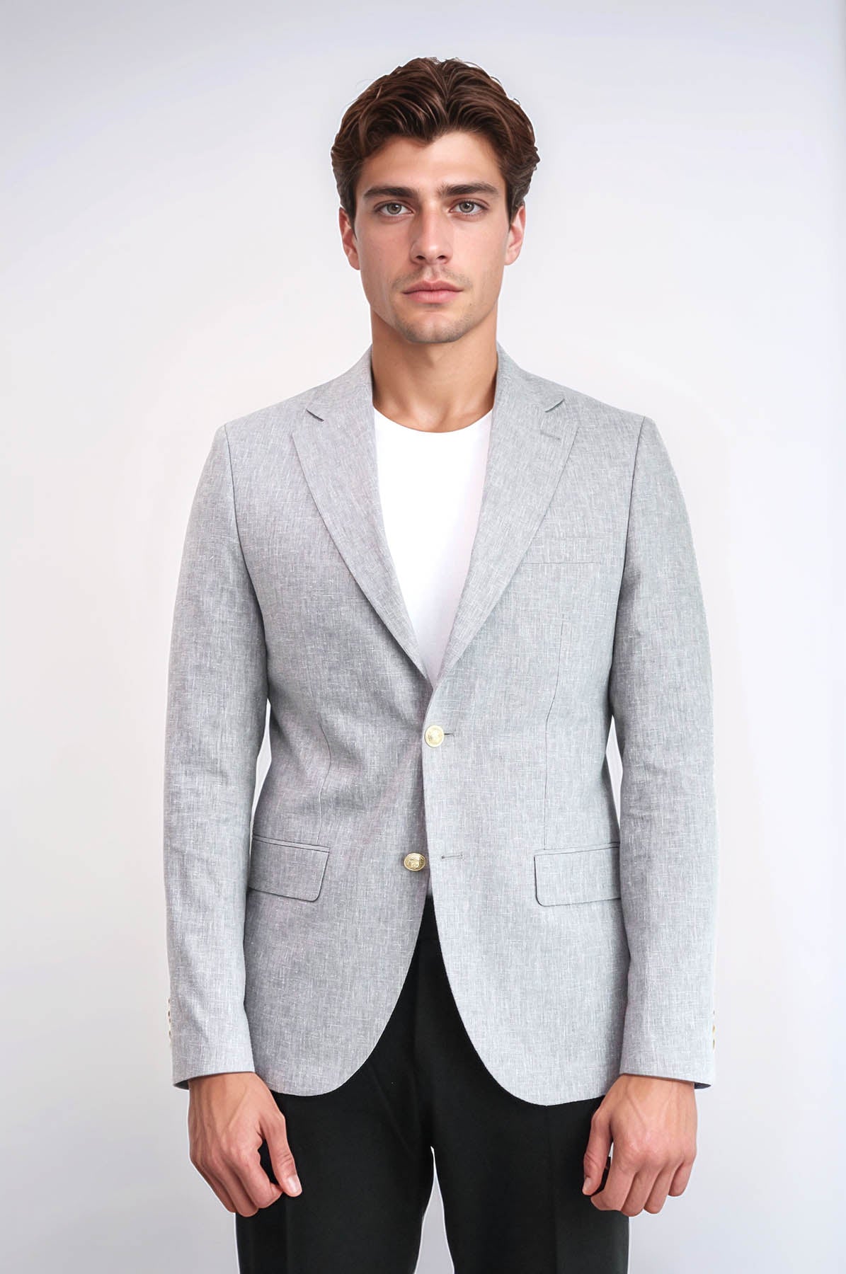 Grey Textured Linen-Feel Gold Metal Button Slim Fit Men's Blazer Jacket - Wessi