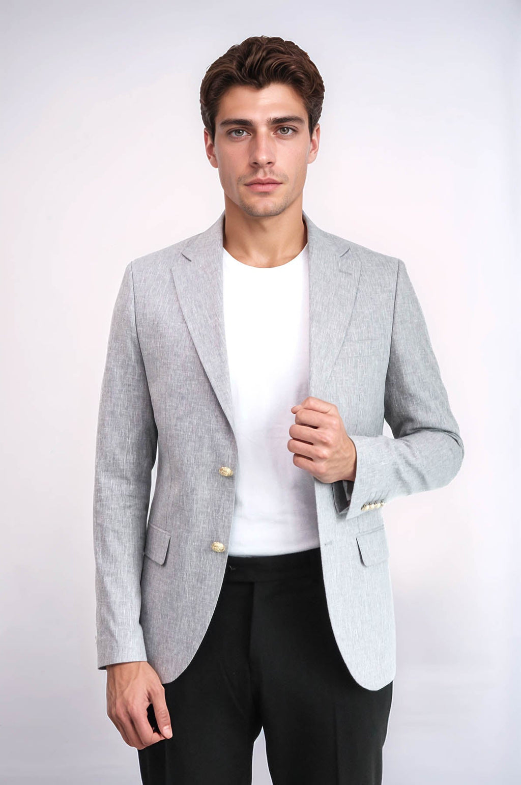 Grey Textured Linen-Feel Gold Metal Button Slim Fit Men's Blazer Jacket - Wessi