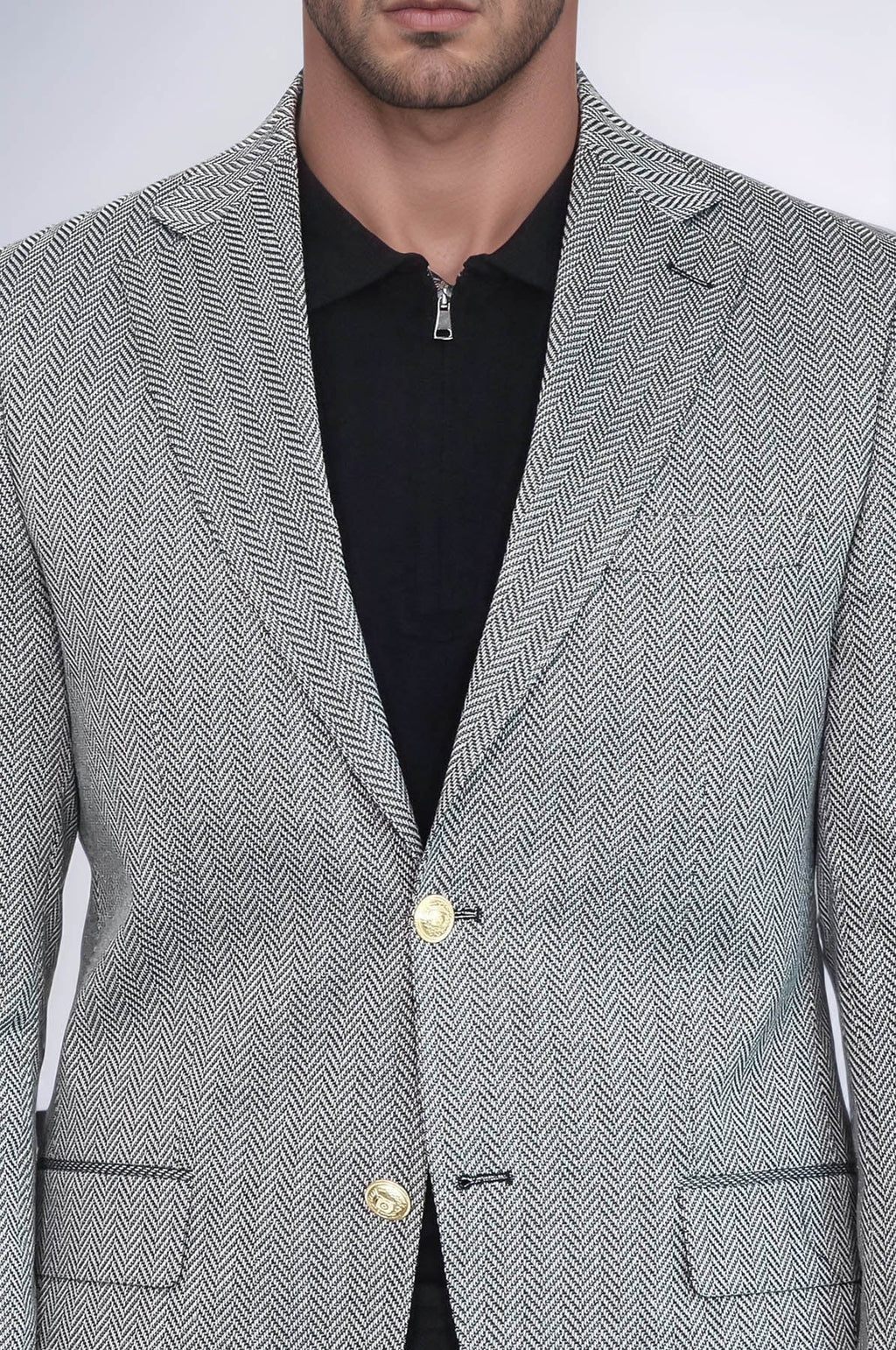 Black Herringbone Pattern Gold Metal Button Slim Fit Men's Blazer Jacket - Wessi