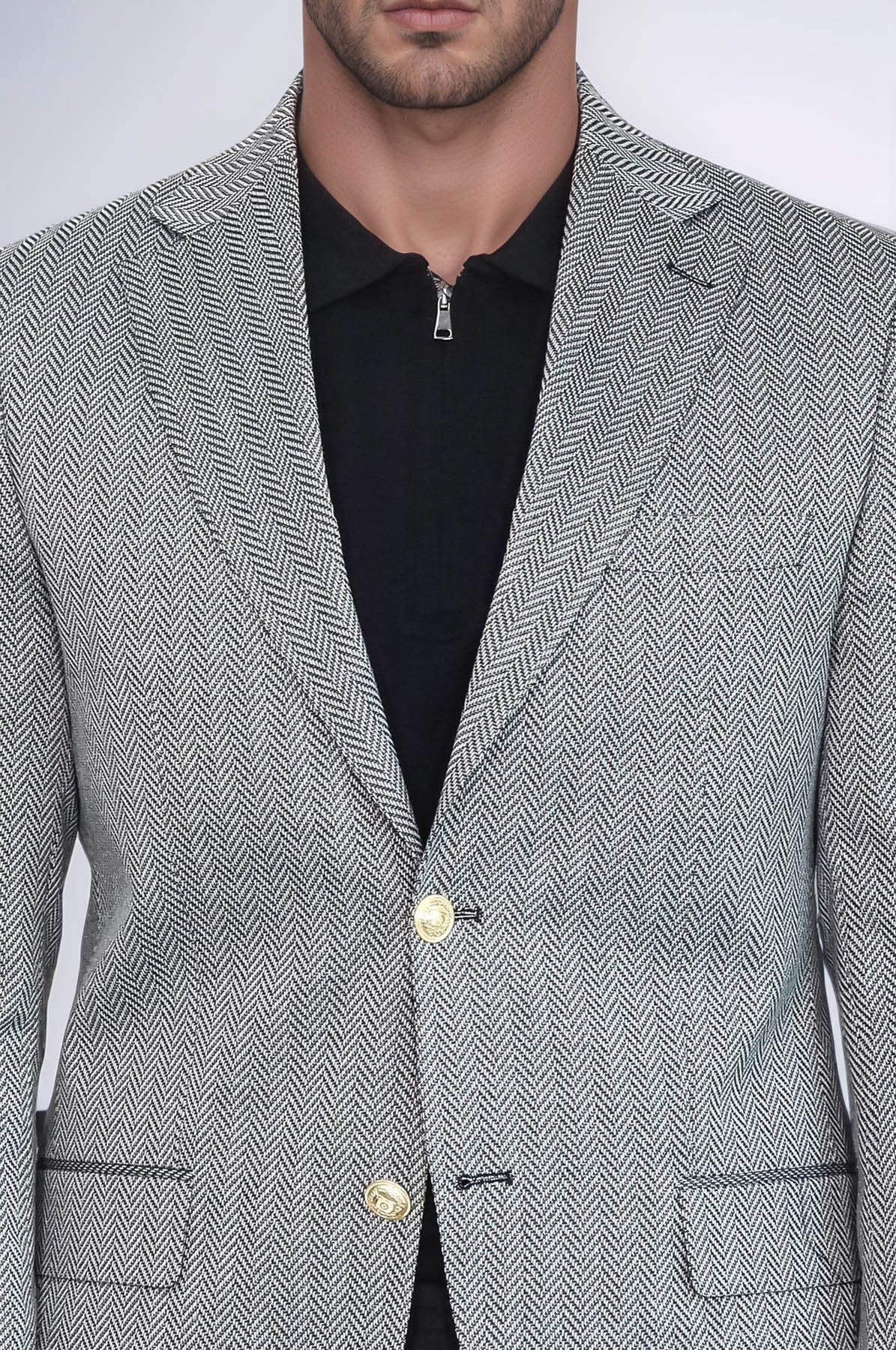Black Herringbone Pattern Gold Metal Button Slim Fit Men's Blazer Jacket - Wessi
