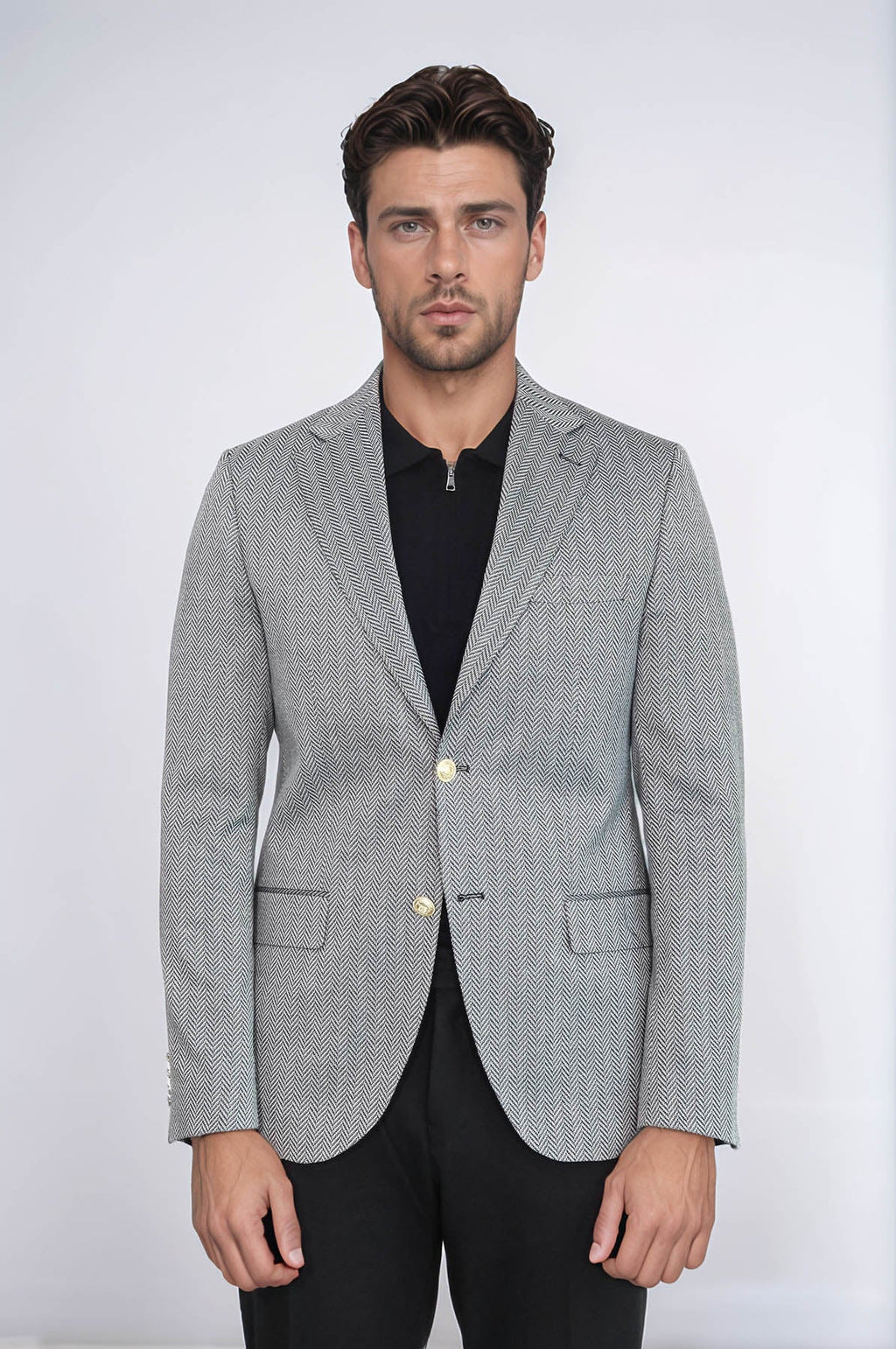 Black Herringbone Pattern Gold Metal Button Slim Fit Men's Blazer Jacket - Wessi