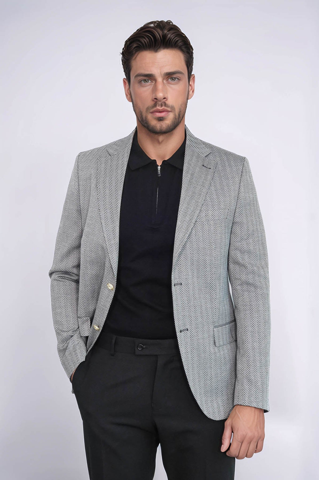Black Herringbone Pattern Gold Metal Button Slim Fit Men's Blazer Jacket - Wessi