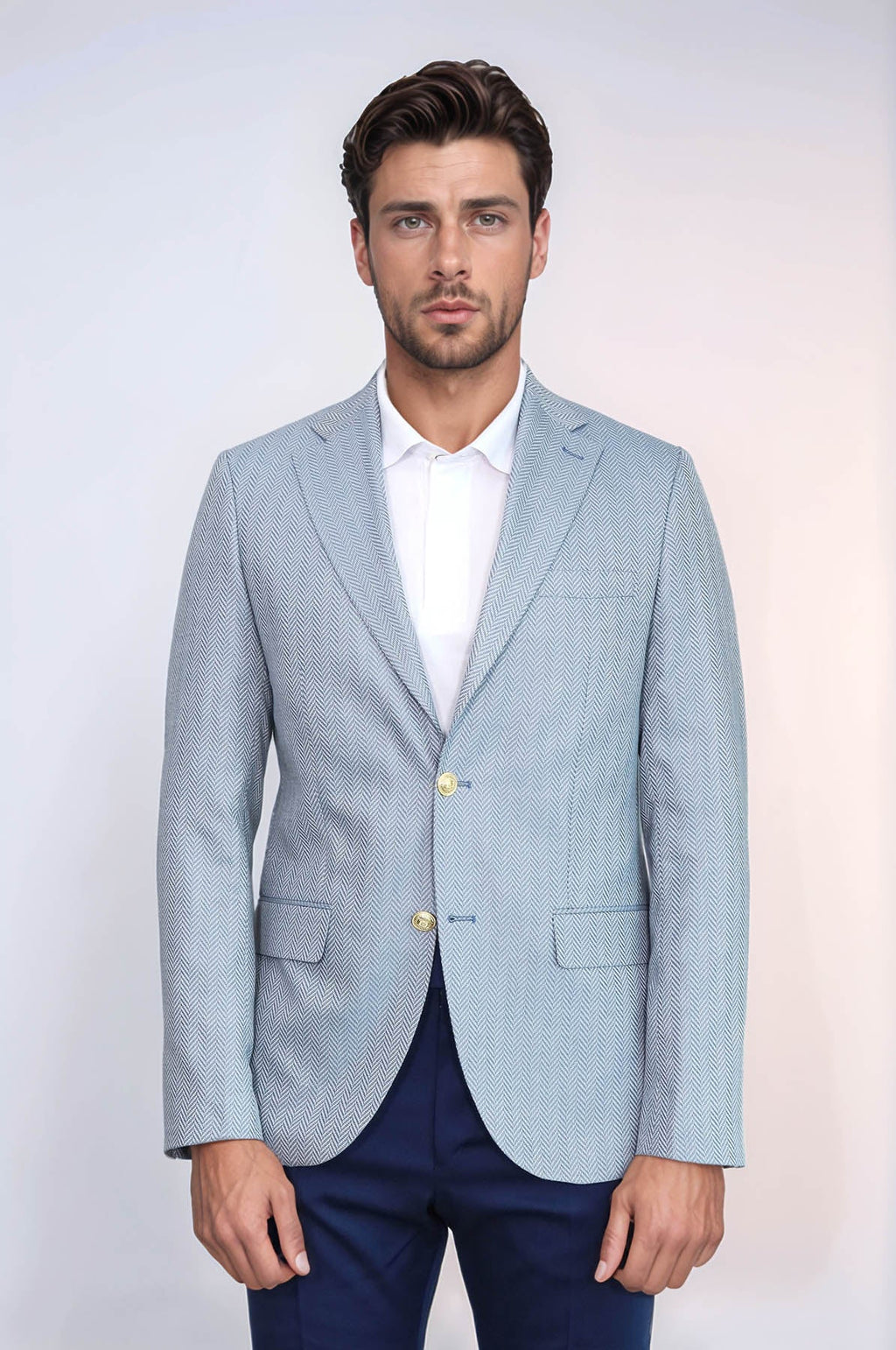 Light Blue Herringbone Pattern Gold Metal Button Slim Fit Men's Blazer Jacket - Wessi