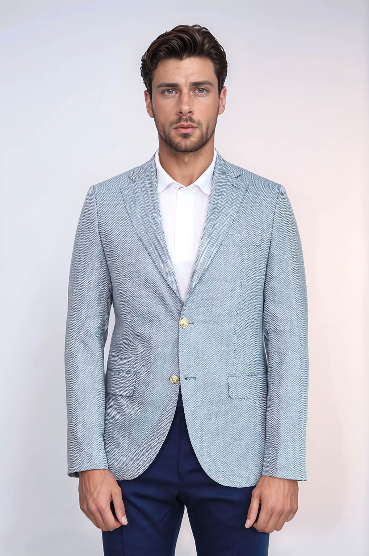 Light Blue Herringbone Pattern Gold Metal Button Slim Fit Men's Blazer Jacket - Wessi
