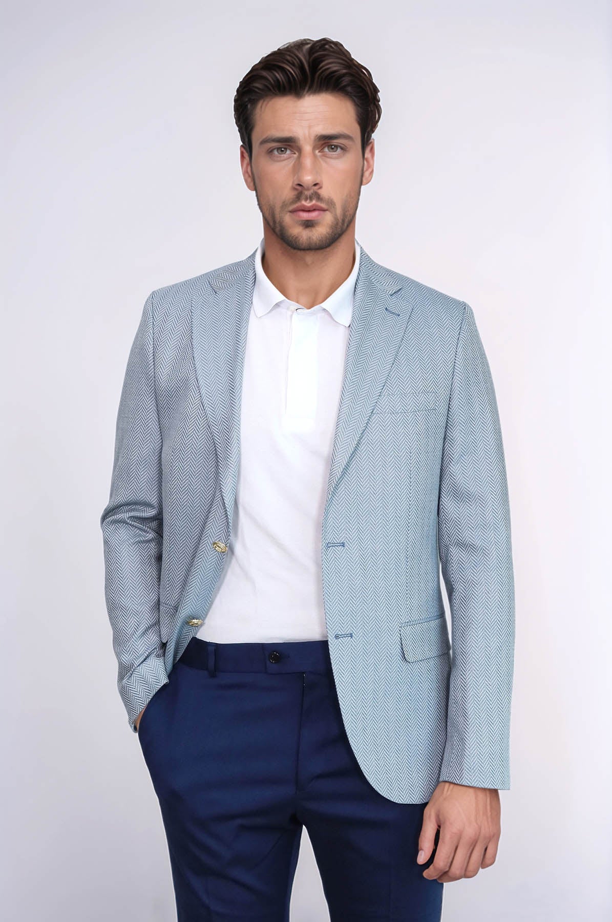Light Blue Herringbone Pattern Gold Metal Button Slim Fit Men's Blazer Jacket - Wessi