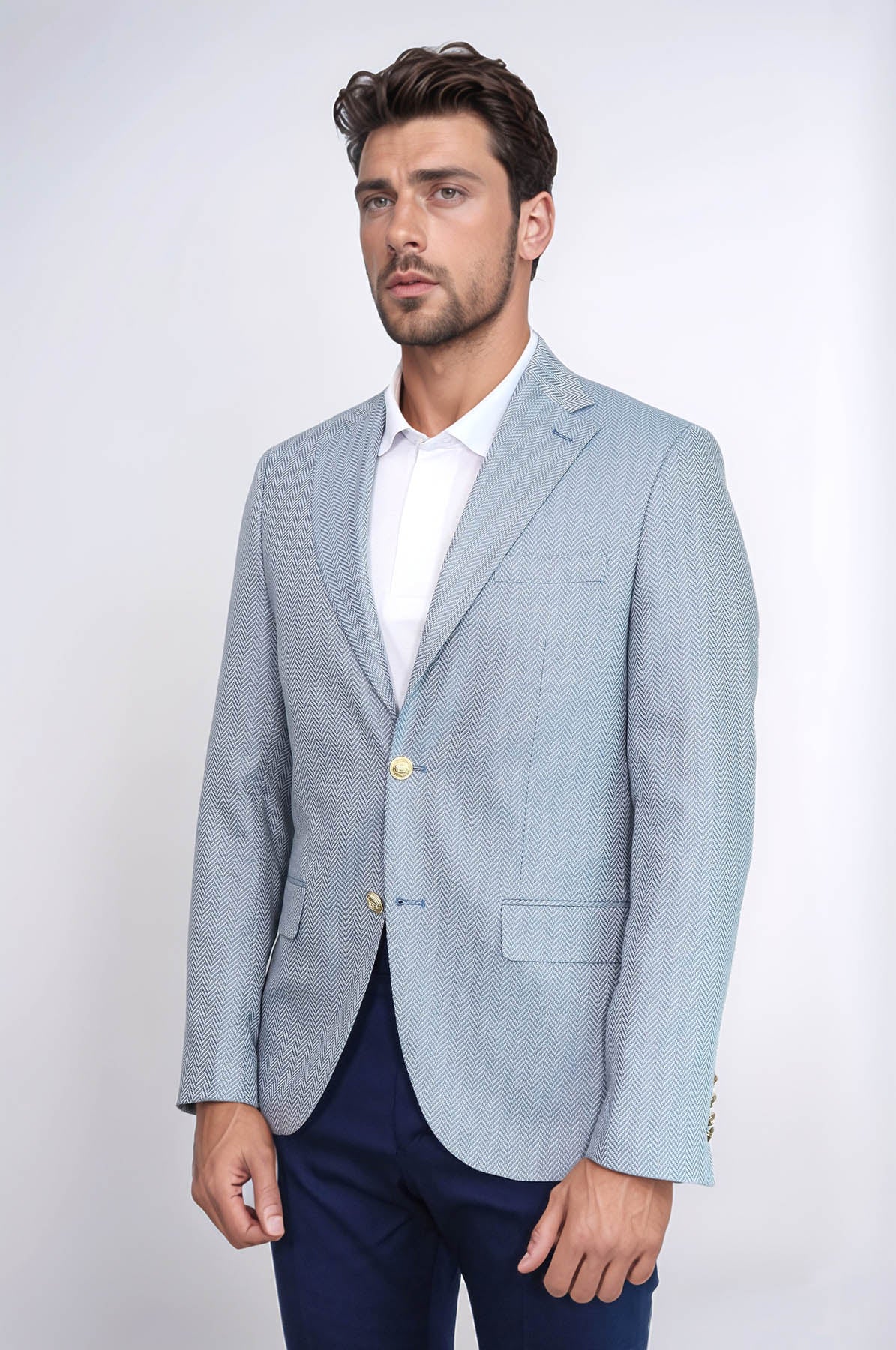 Light Blue Herringbone Pattern Gold Metal Button Slim Fit Men's Blazer Jacket - Wessi