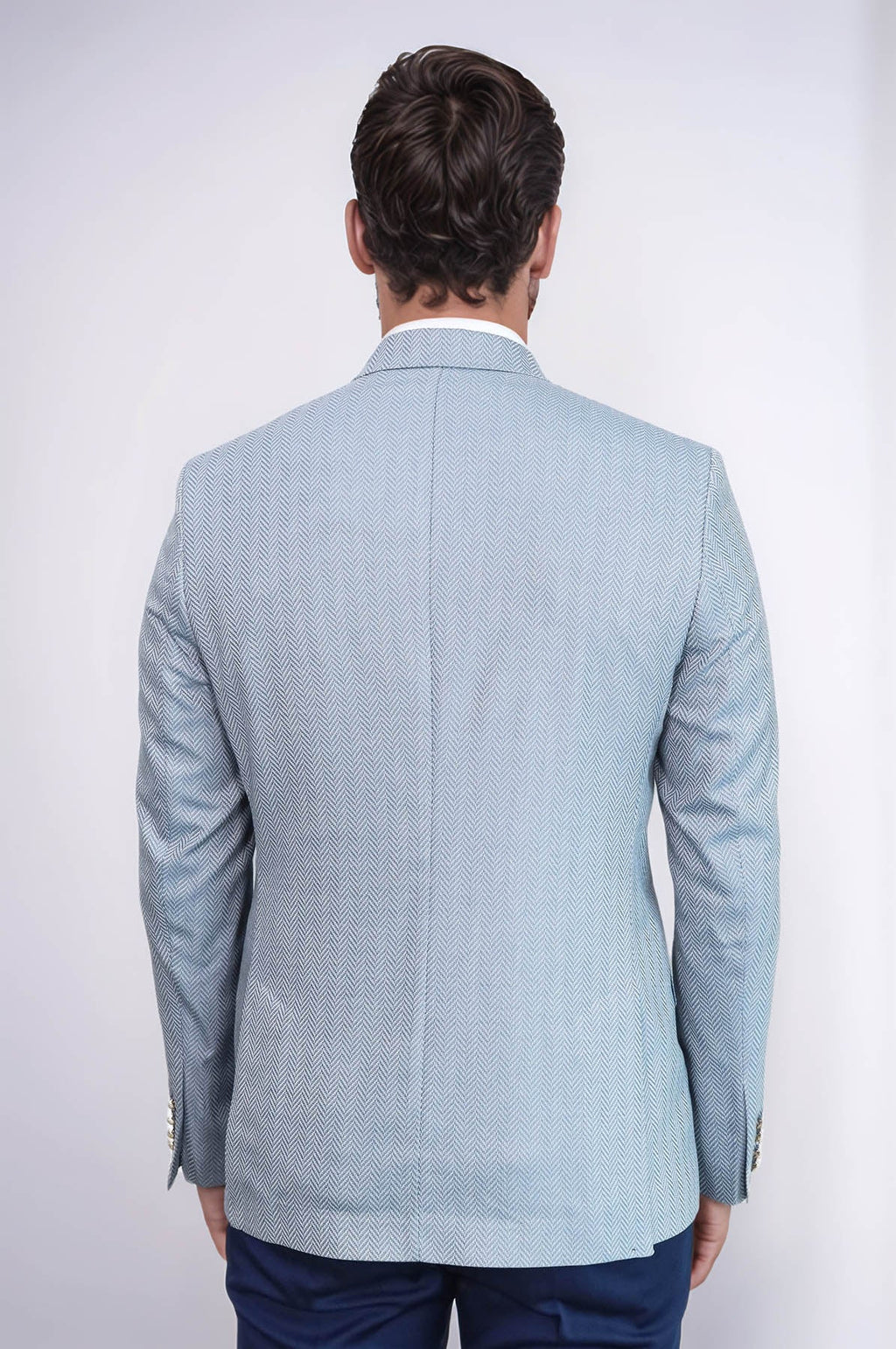 Light Blue Herringbone Pattern Gold Metal Button Slim Fit Men's Blazer Jacket - Wessi