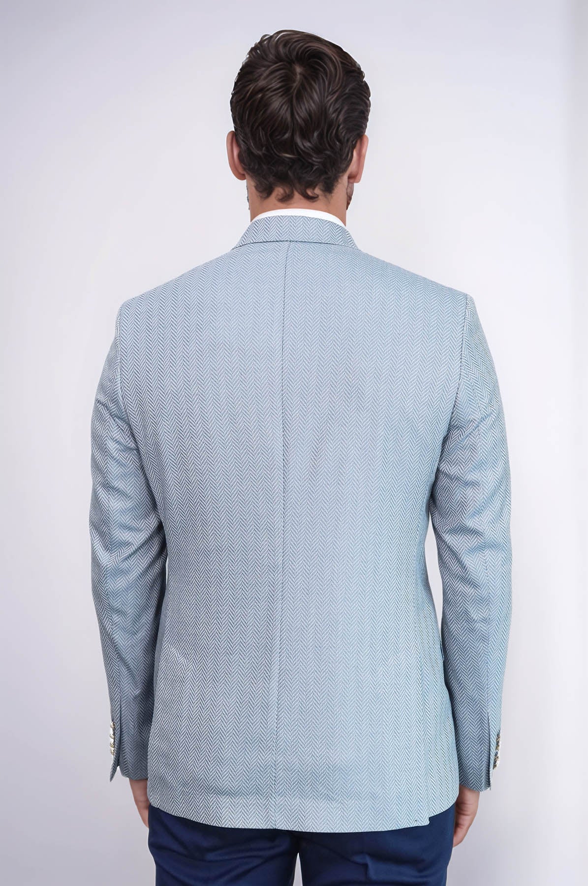 Light Blue Herringbone Pattern Gold Metal Button Slim Fit Men's Blazer Jacket - Wessi