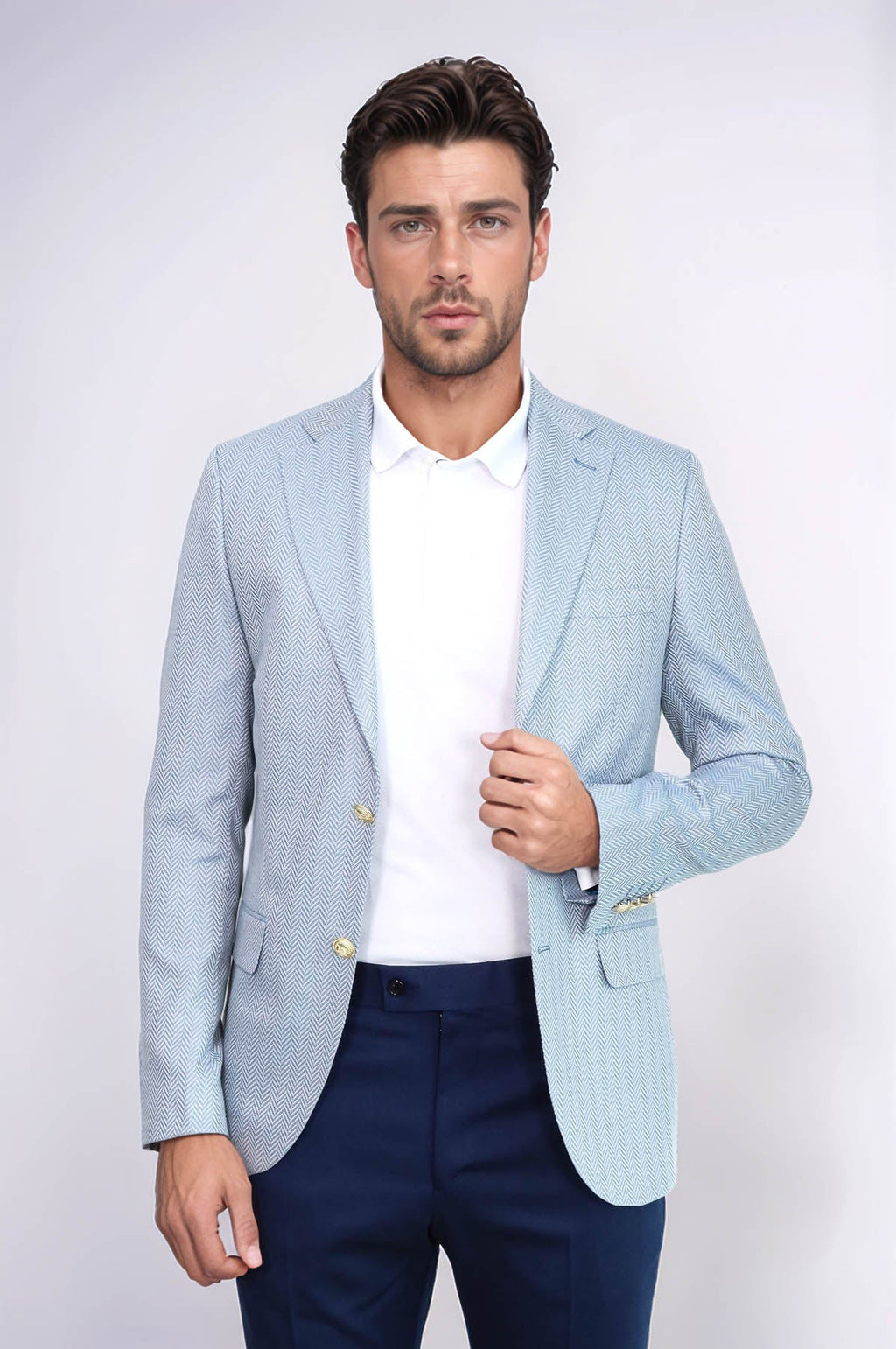 Light Blue Herringbone Pattern Gold Metal Button Slim Fit Men's Blazer Jacket - Wessi