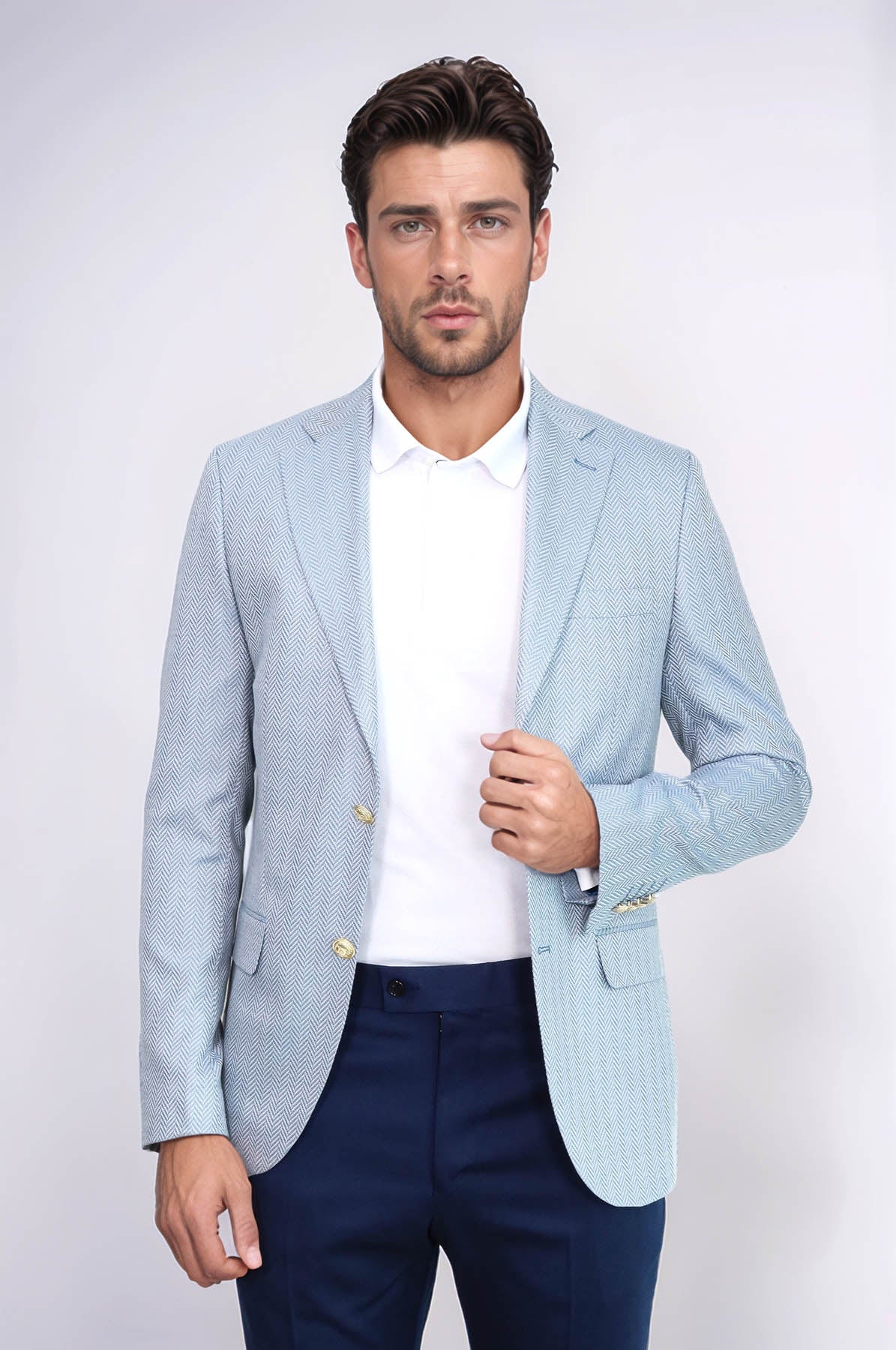 Light Blue Herringbone Pattern Gold Metal Button Slim Fit Men's Blazer Jacket - Wessi