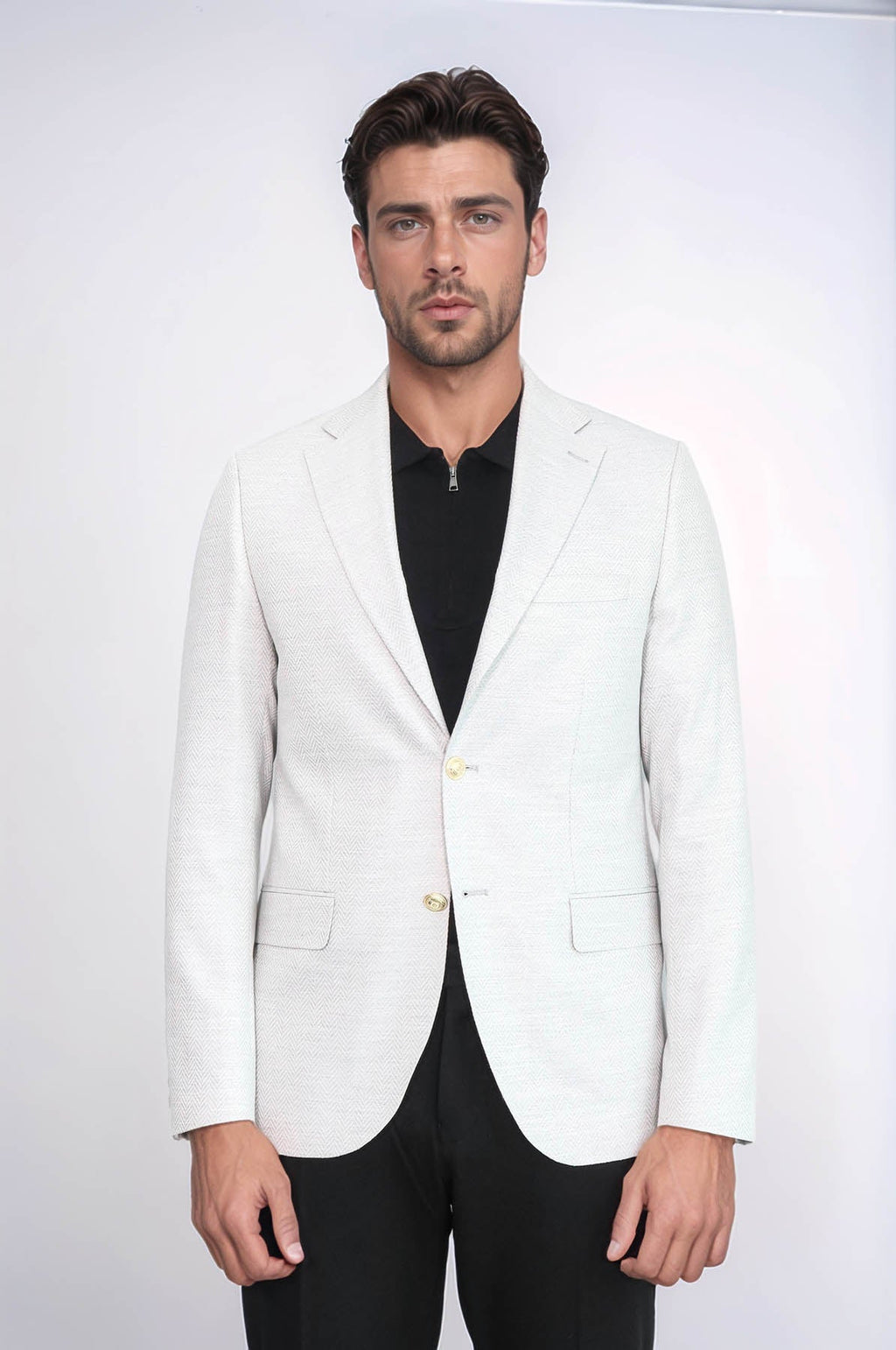 Light Grey Herringbone Pattern Gold Metal Button Slim Fit Men's Blazer Jacket - Wessi