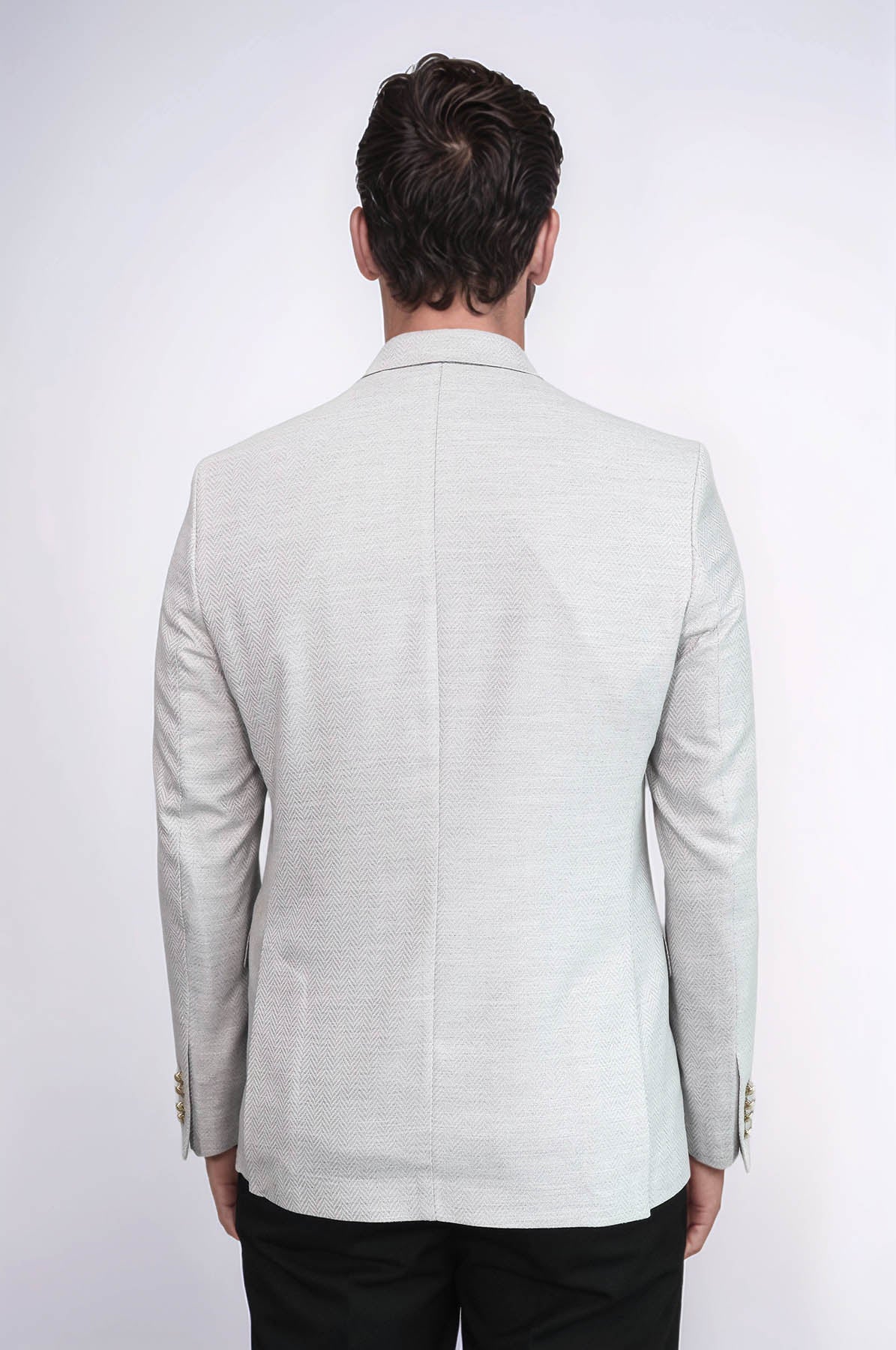 Light Grey Herringbone Pattern Gold Metal Button Slim Fit Men's Blazer Jacket - Wessi