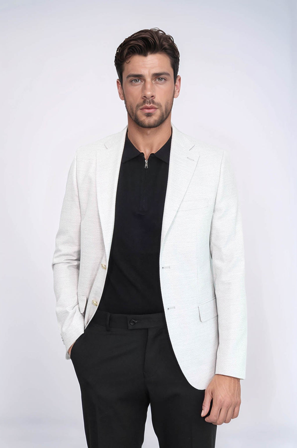 Light Grey Herringbone Pattern Gold Metal Button Slim Fit Men's Blazer Jacket - Wessi