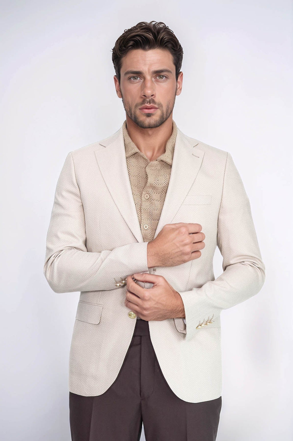 Beige Herringbone Pattern Gold MetalButton Slim Fit Men's Blazer Jacket - Wessi
