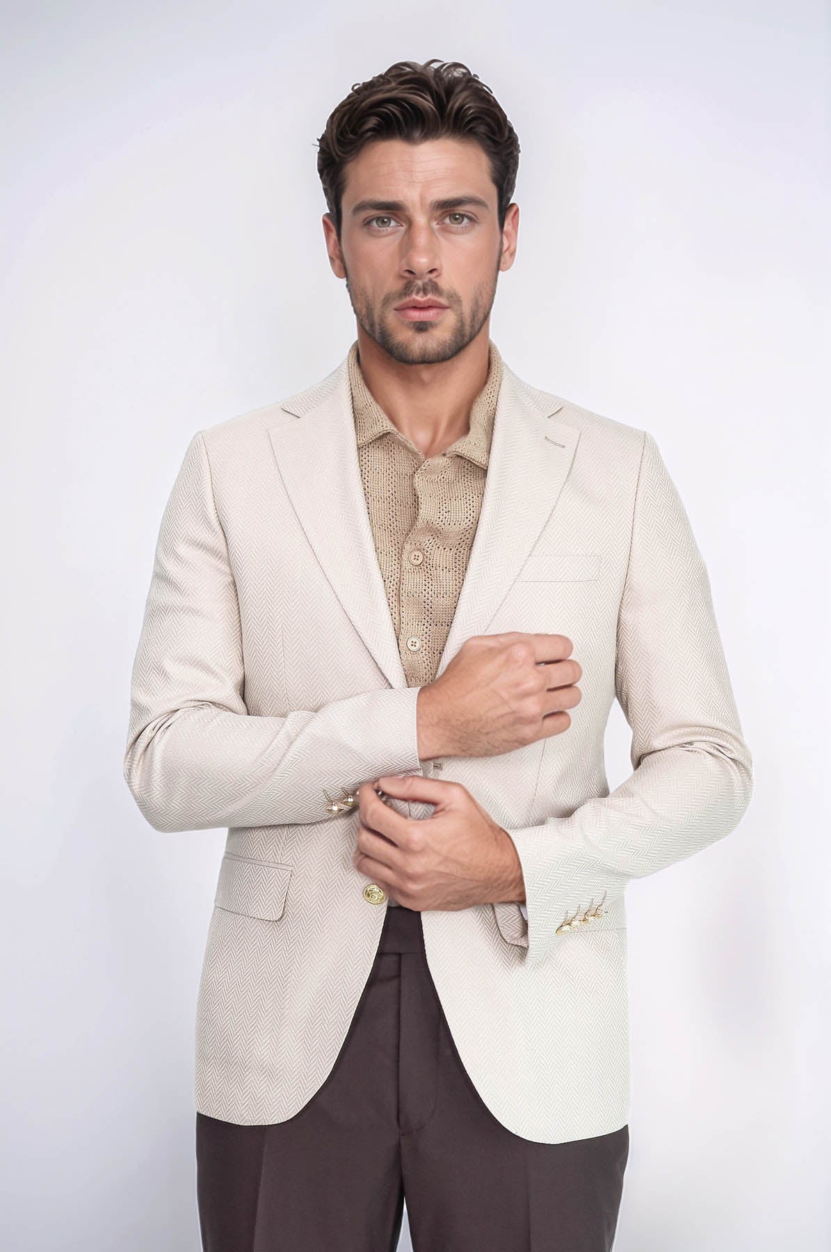 Beige Herringbone Pattern Gold MetalButton Slim Fit Men's Blazer Jacket - Wessi