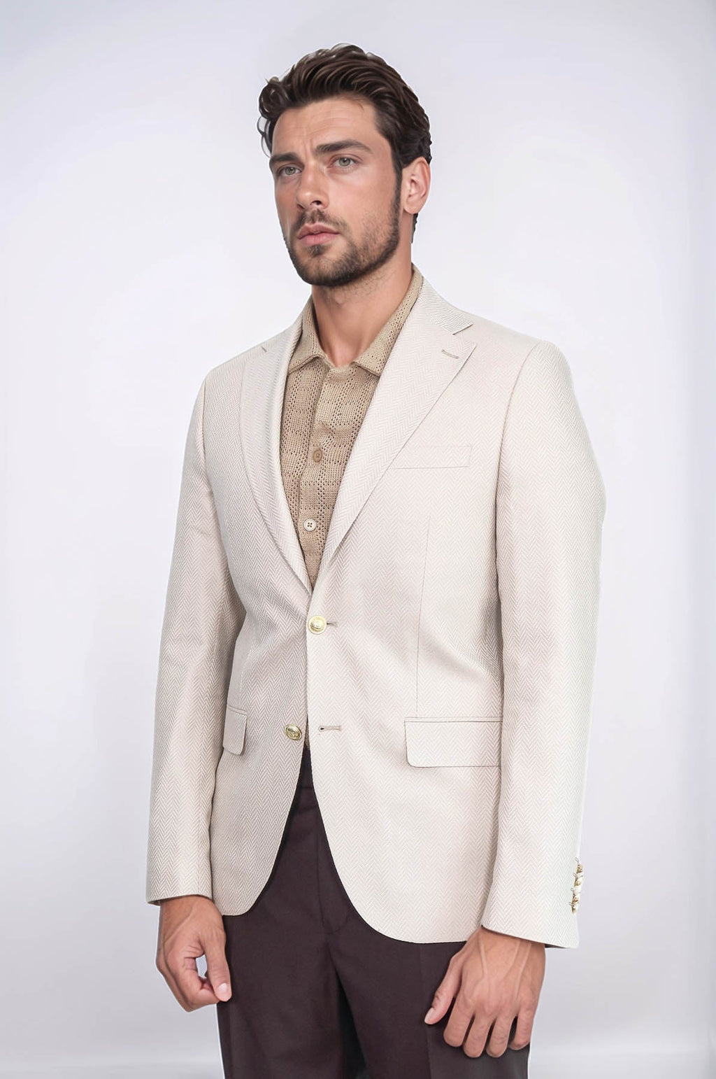 Beige Herringbone Pattern Gold MetalButton Slim Fit Men's Blazer Jacket - Wessi