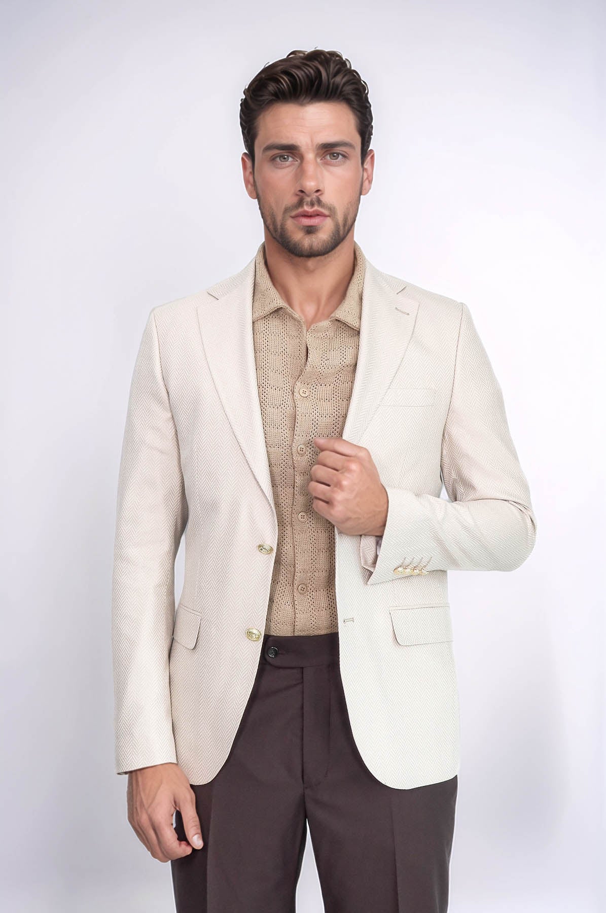 Beige Herringbone Pattern Gold MetalButton Slim Fit Men's Blazer Jacket - Wessi