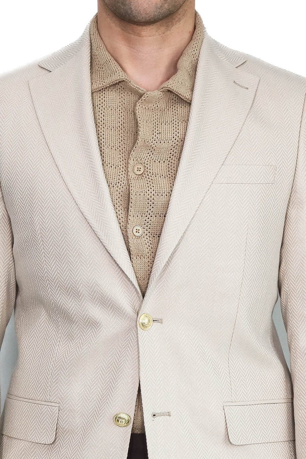 Beige Herringbone Pattern Gold MetalButton Slim Fit Men's Blazer Jacket - Wessi