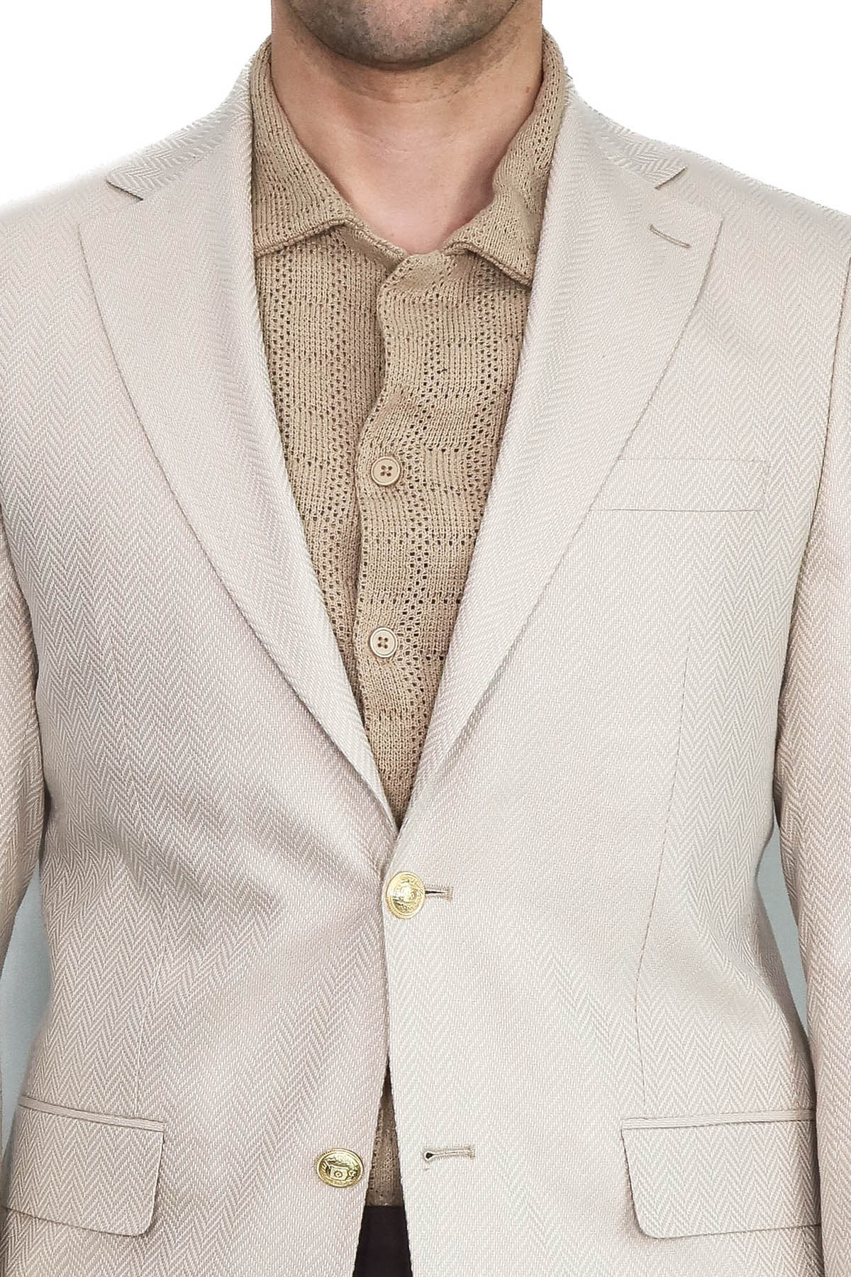Beige Herringbone Pattern Gold MetalButton Slim Fit Men's Blazer Jacket - Wessi