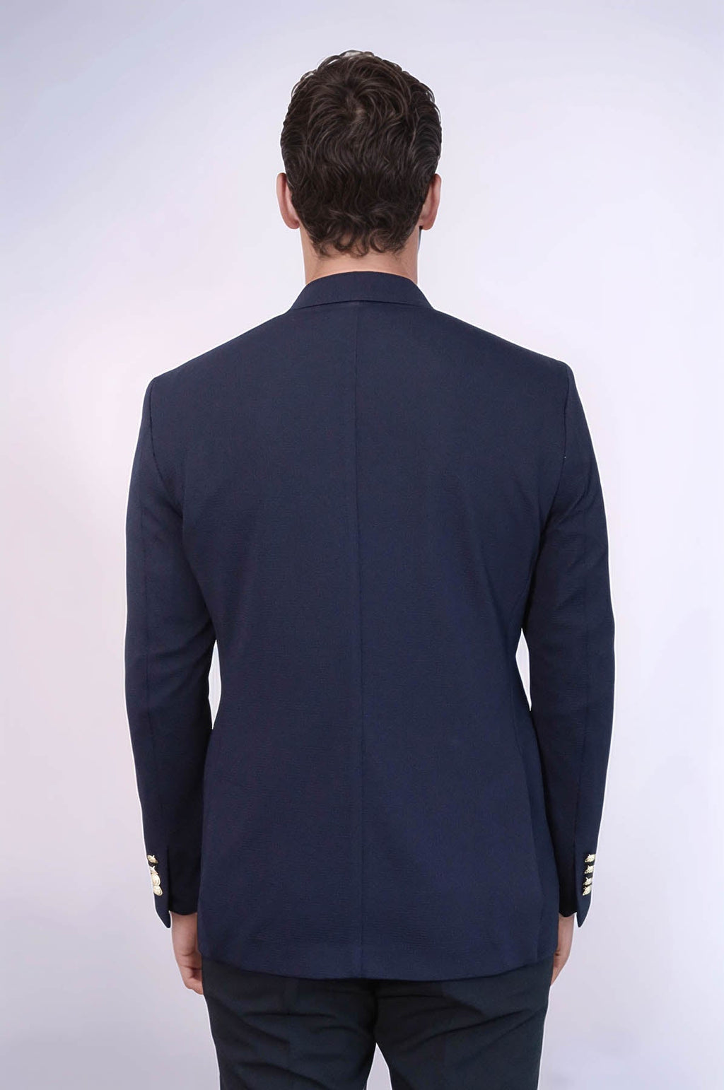 Navy Blue Textured Gold Metal Button Slim Fit Men's Blazer Jacket - Wessi