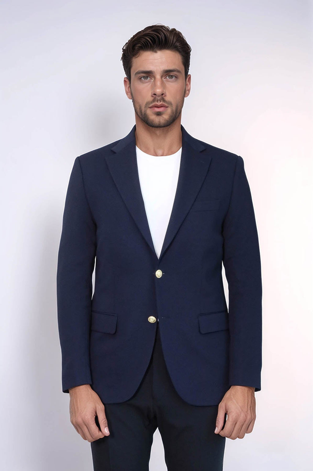 Navy Blue Textured Gold Metal Button Slim Fit Men's Blazer Jacket - Wessi