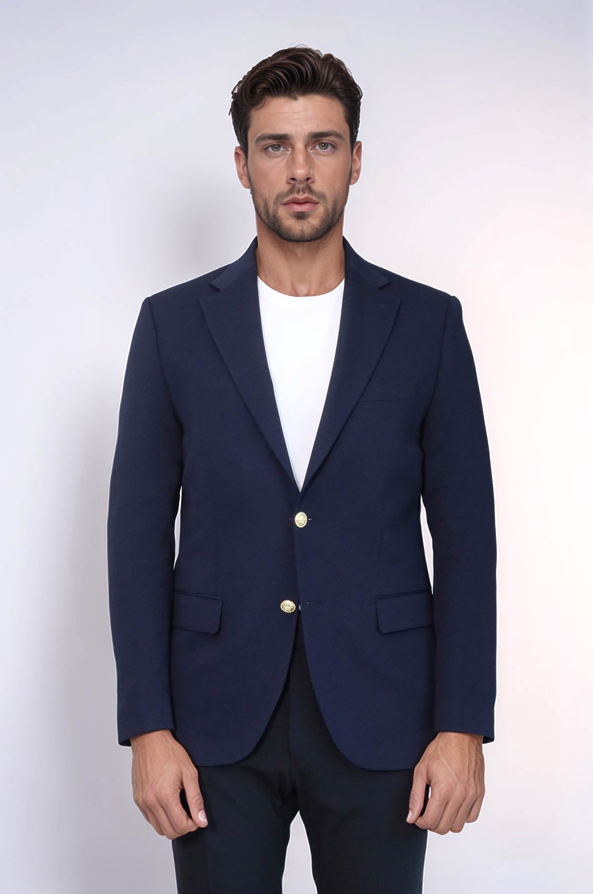 Navy Blue Textured Gold Metal Button Slim Fit Men's Blazer Jacket - Wessi