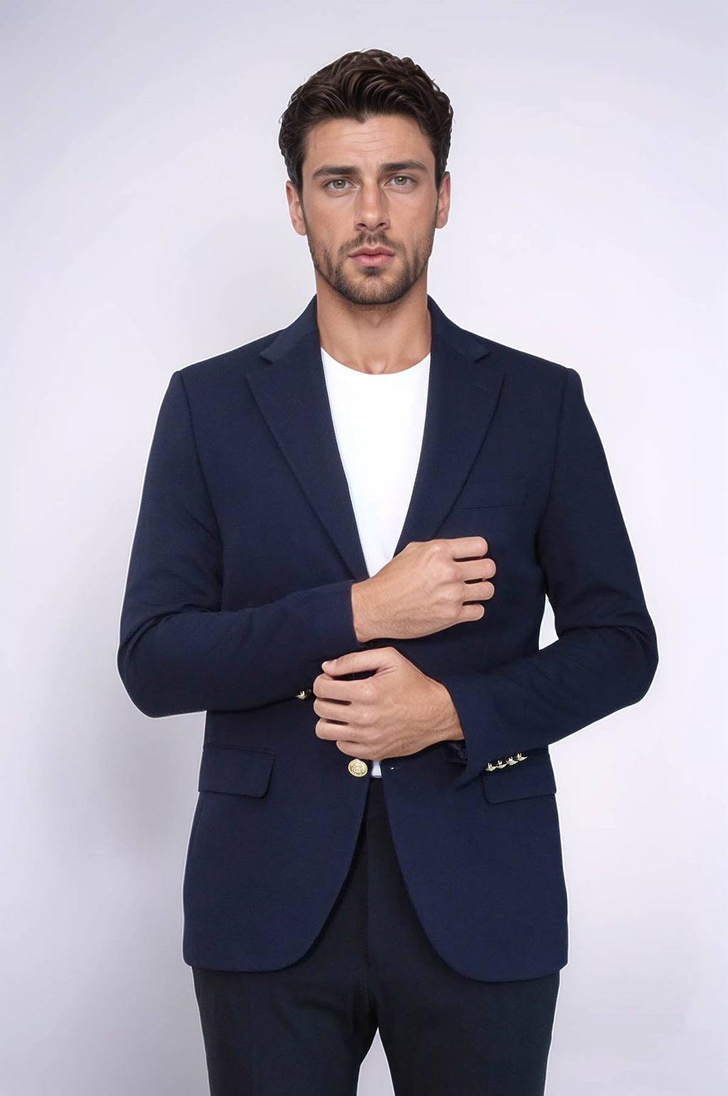 Navy Blue Textured Gold Metal Button Slim Fit Men's Blazer Jacket - Wessi
