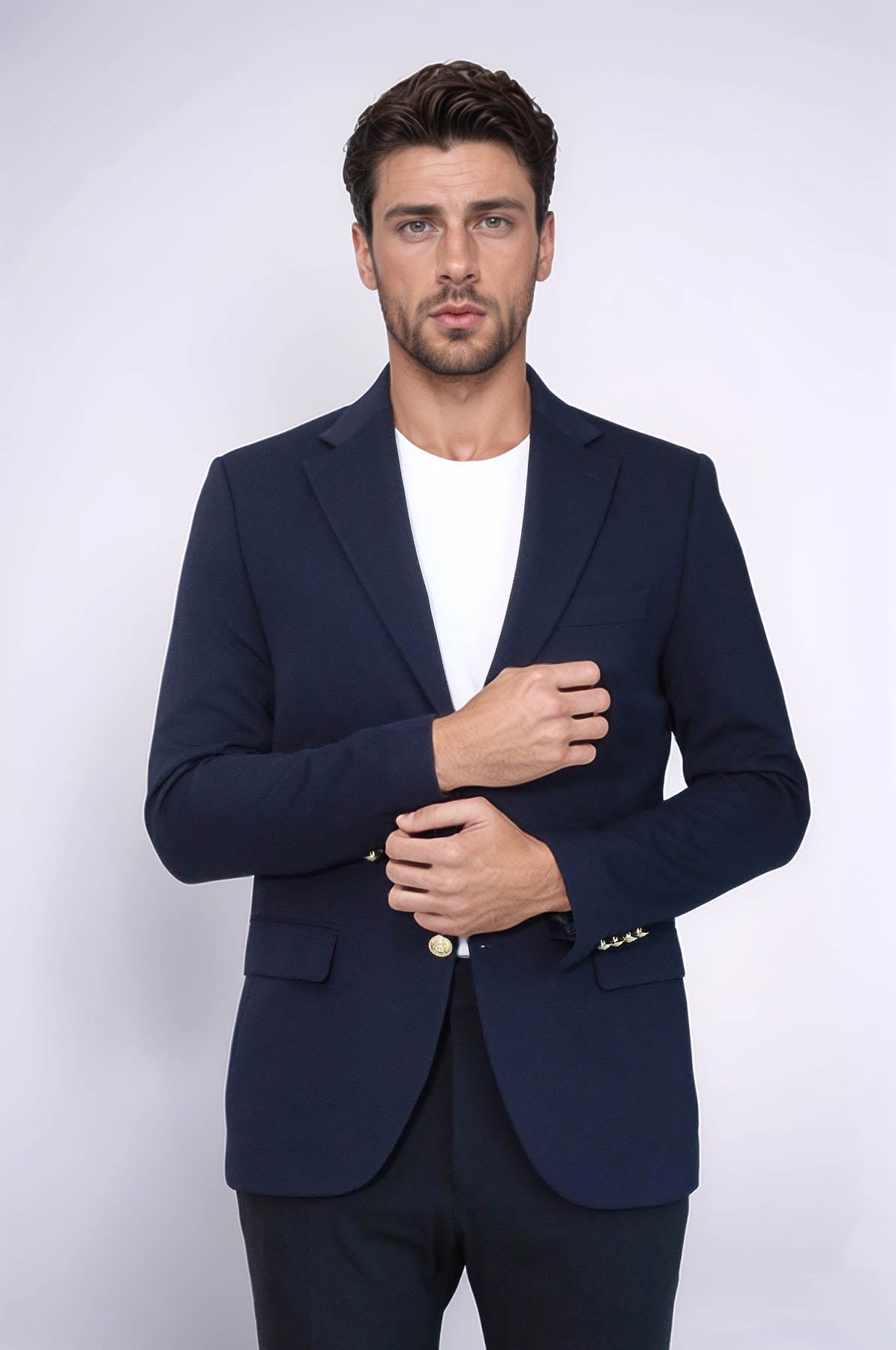 Navy Blue Textured Gold Metal Button Slim Fit Men's Blazer Jacket - Wessi