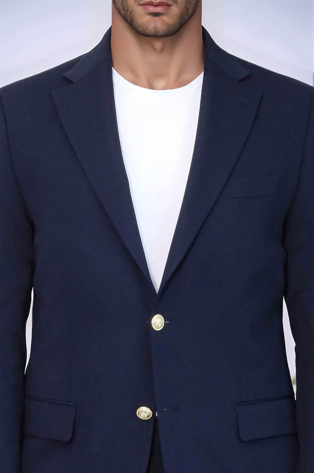 Navy Blue Textured Gold Metal Button Slim Fit Men's Blazer Jacket - Wessi