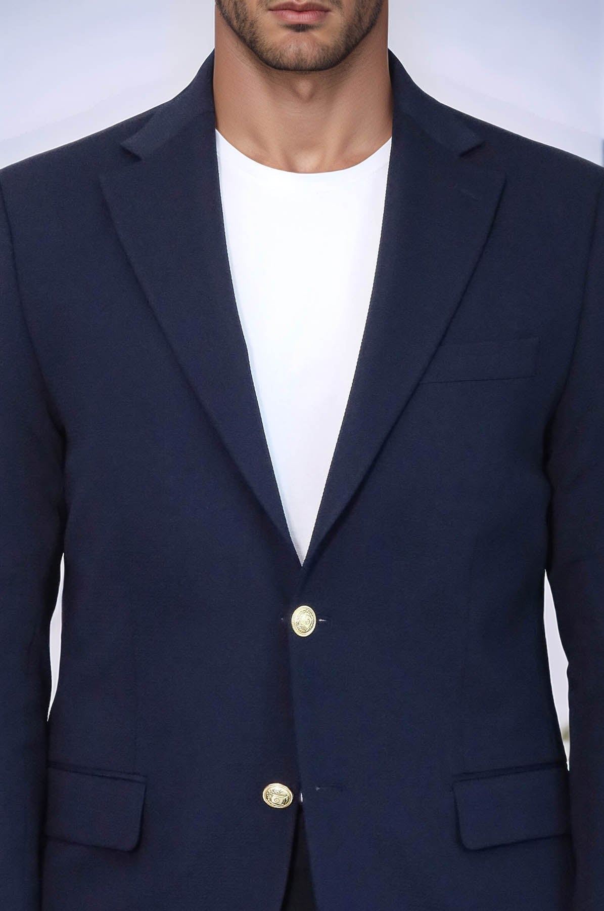 Navy Blue Textured Gold Metal Button Slim Fit Men's Blazer Jacket - Wessi