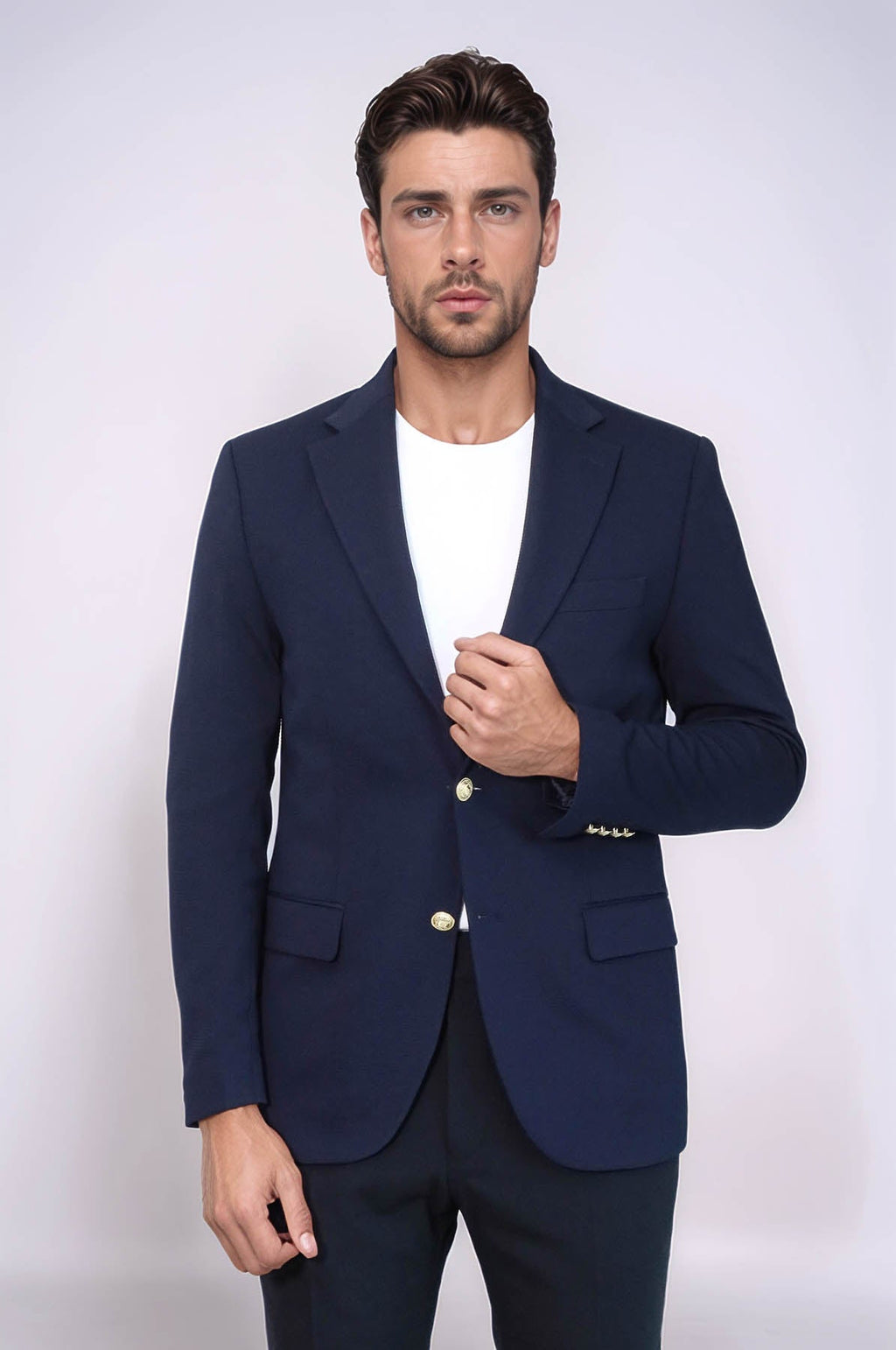 Navy Blue Textured Gold Metal Button Slim Fit Men's Blazer Jacket - Wessi
