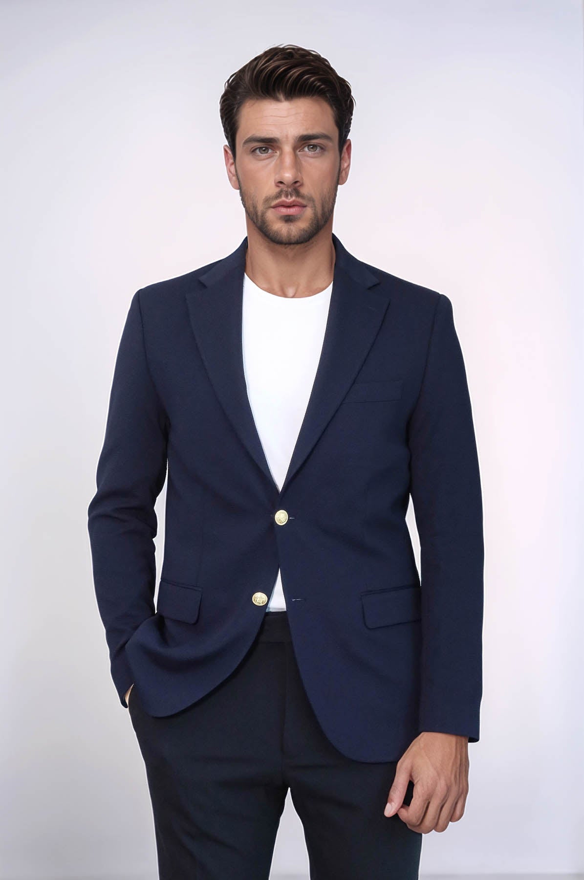 Navy Blue Textured Gold Metal Button Slim Fit Men's Blazer Jacket - Wessi