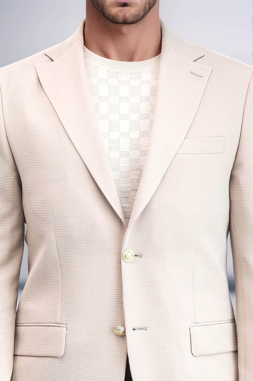 Beige Textured Gold Metal Button Slim Fit Men's Blazer Jacket - Wessi