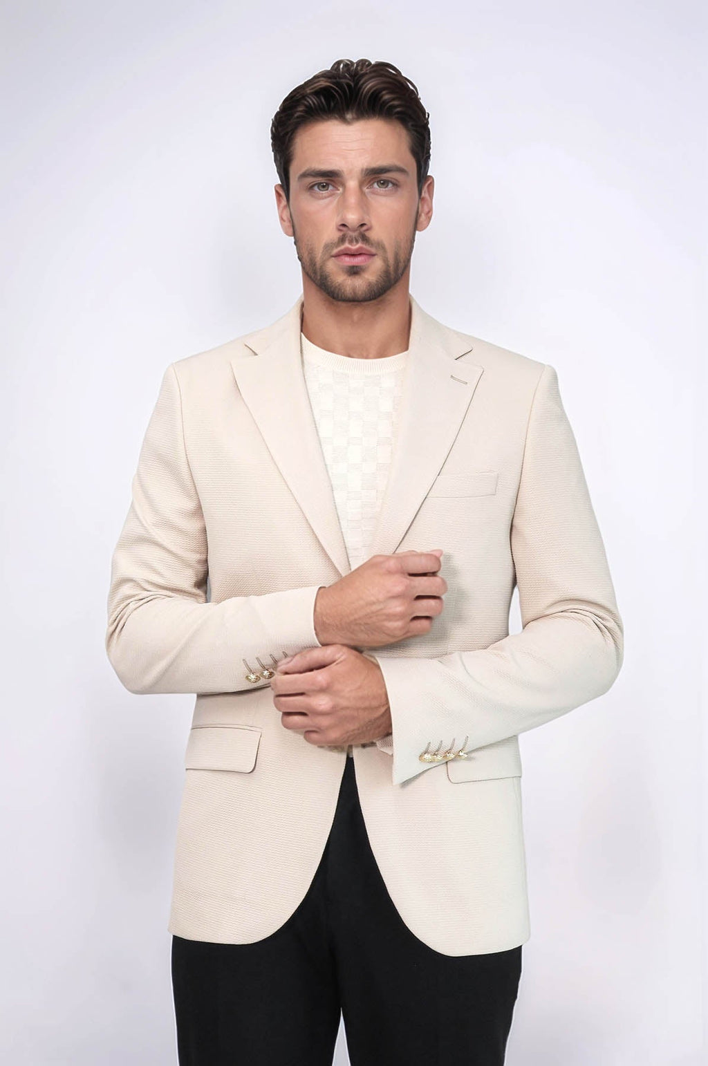 Beige Textured Gold Metal Button Slim Fit Men's Blazer Jacket - Wessi