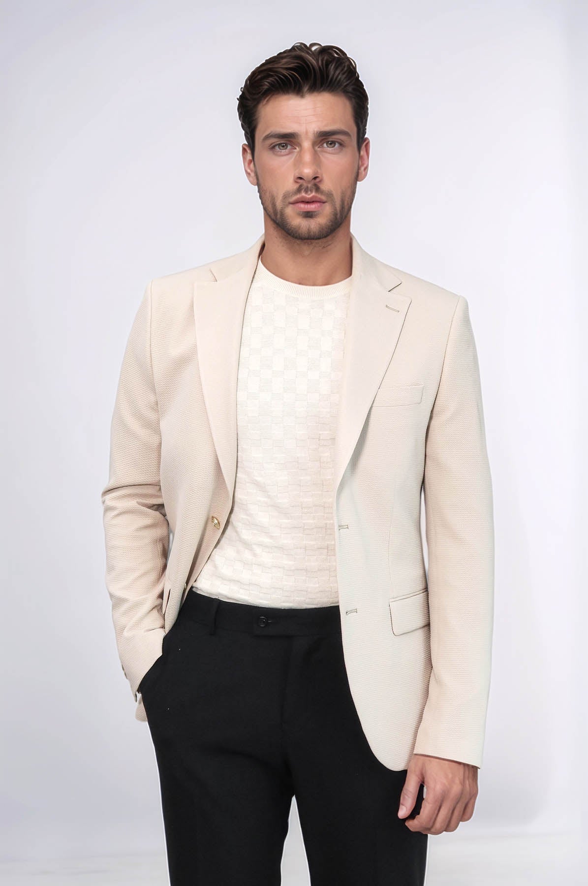 Beige Textured Gold Metal Button Slim Fit Men's Blazer Jacket - Wessi