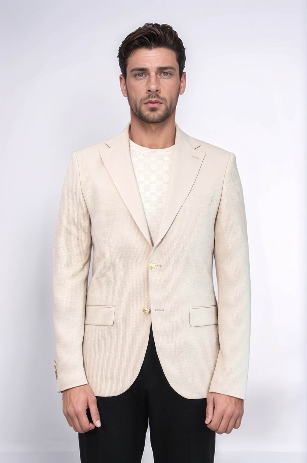 Beige Textured Gold Metal Button Slim Fit Men's Blazer Jacket - Wessi