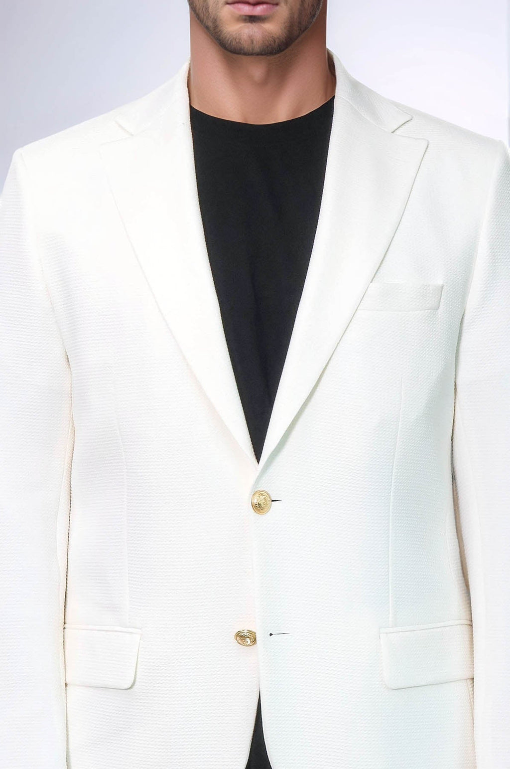 Ecru Textured Gold Metal Button Slim Fit Men's Blazer Jacket - Wessi