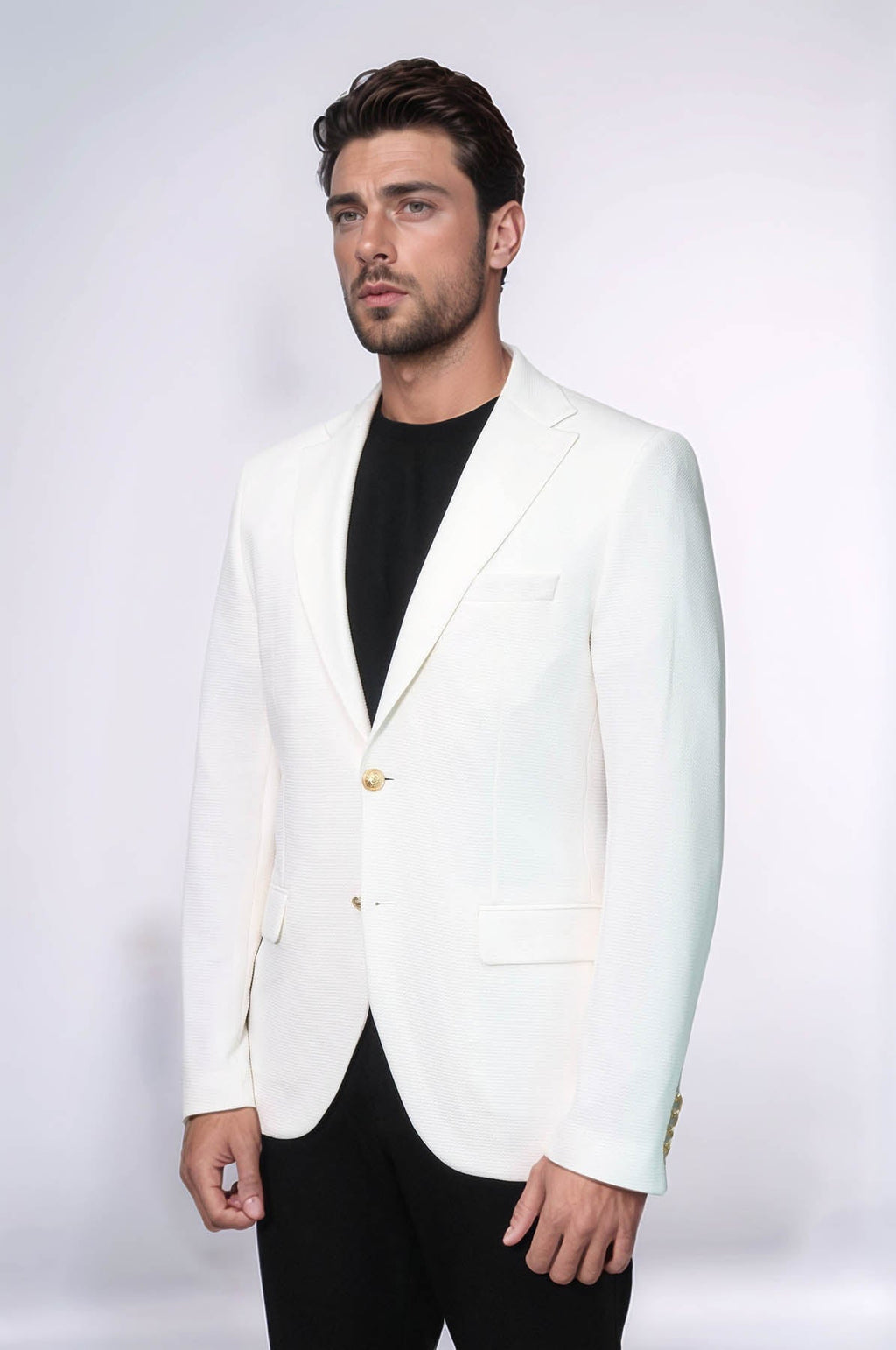 Ecru Textured Gold Metal Button Slim Fit Men's Blazer Jacket - Wessi