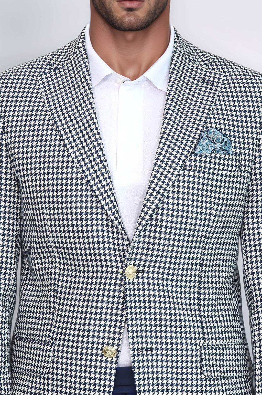 Navy Blue Houndstooth Pattern Gold Metal Button Slim Fit Men's Blazer Jacket - Wessi