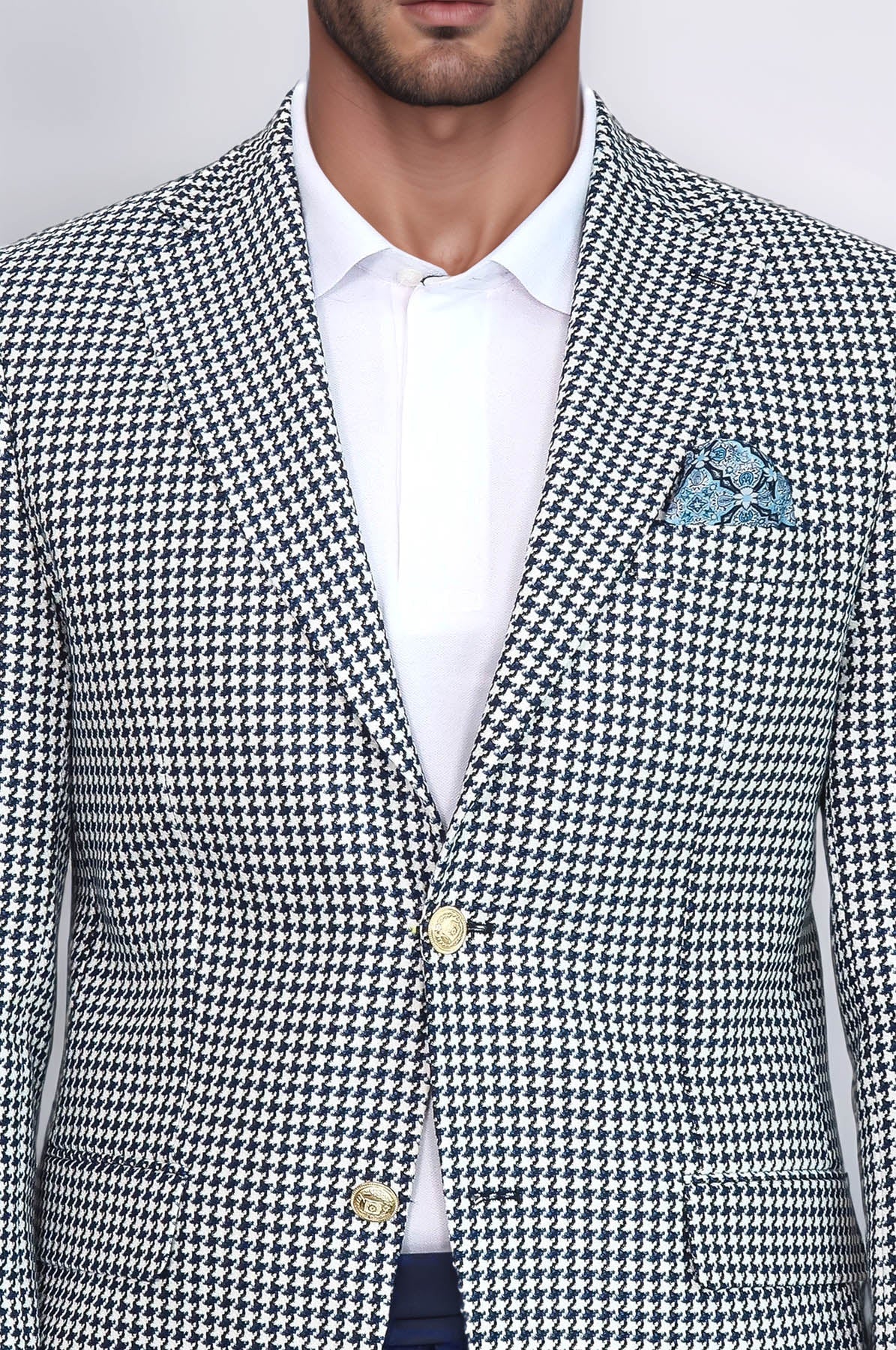 Navy Blue Houndstooth Pattern Gold Metal Button Slim Fit Men's Blazer Jacket - Wessi