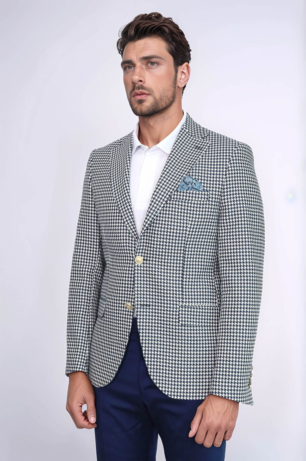 Navy Blue Houndstooth Pattern Gold Metal Button Slim Fit Men's Blazer Jacket - Wessi