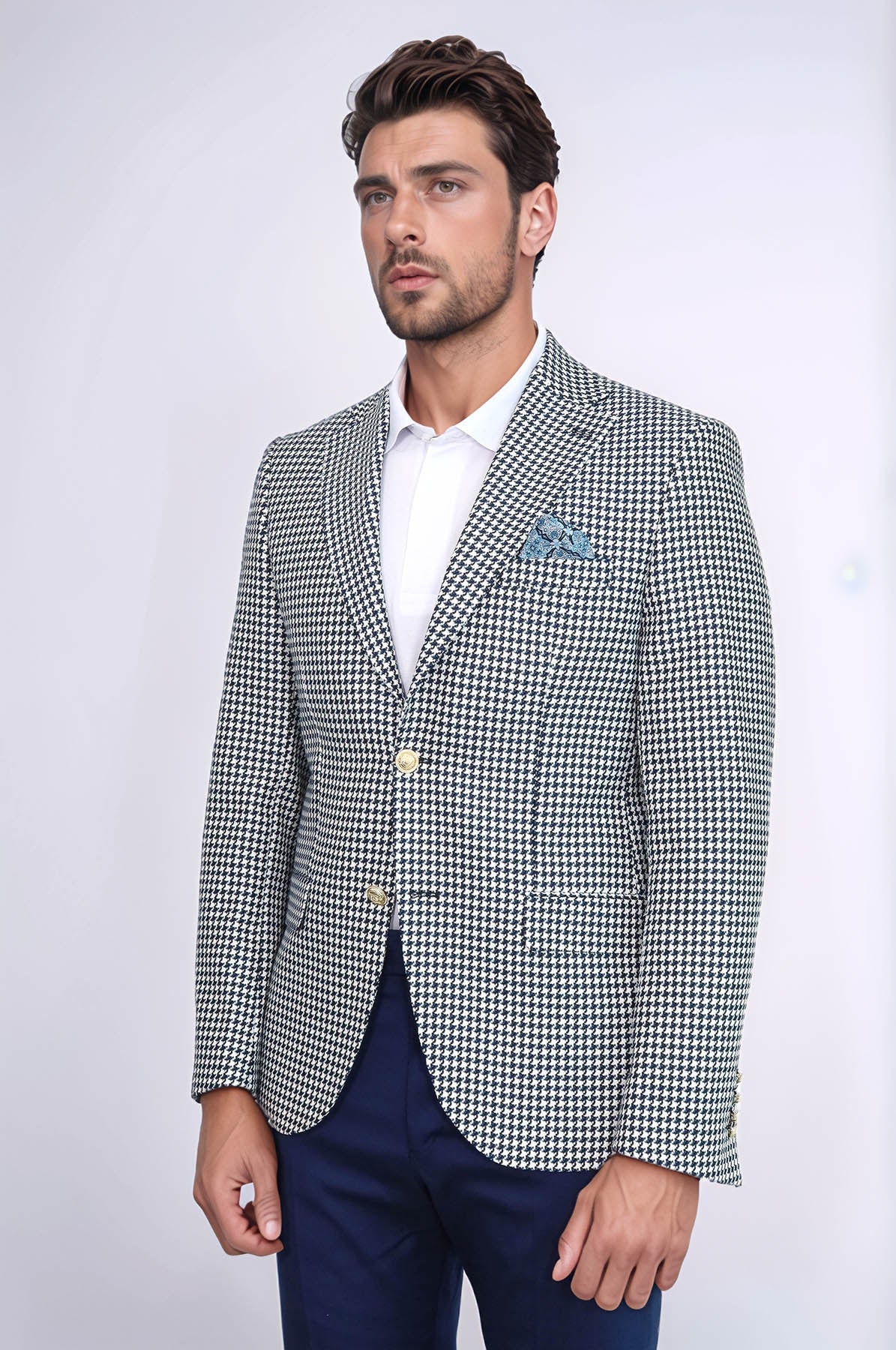 Navy Blue Houndstooth Pattern Gold Metal Button Slim Fit Men's Blazer Jacket - Wessi