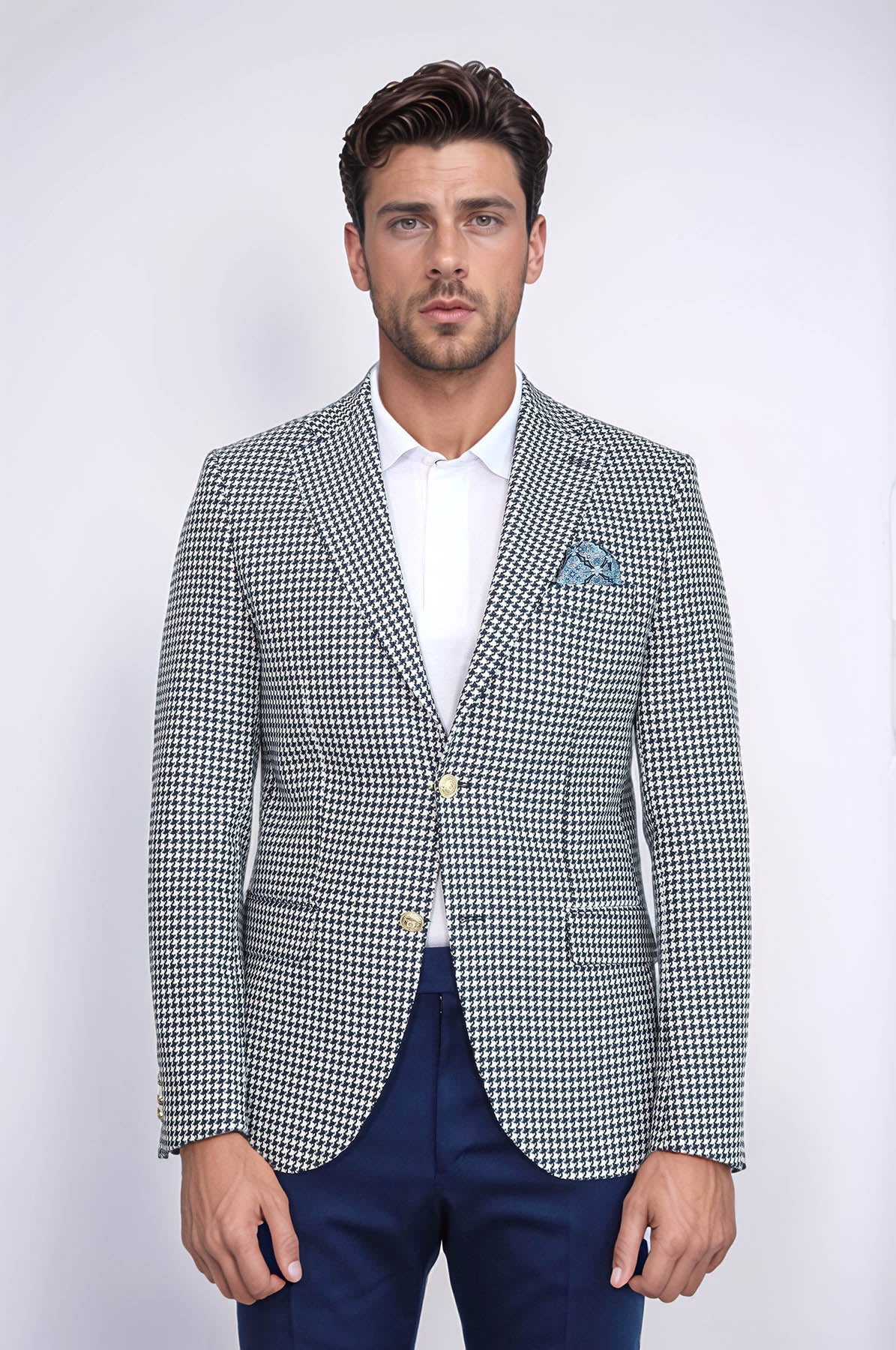 Navy Blue Houndstooth Pattern Gold Metal Button Slim Fit Men's Blazer Jacket - Wessi