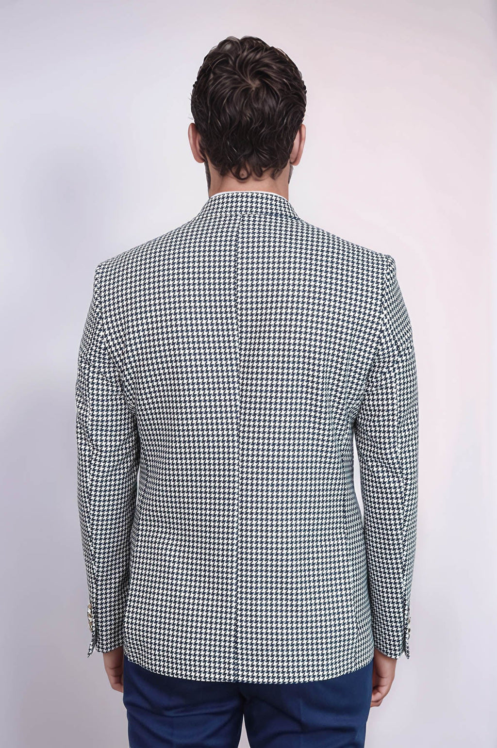 Navy Blue Houndstooth Pattern Gold Metal Button Slim Fit Men's Blazer Jacket - Wessi