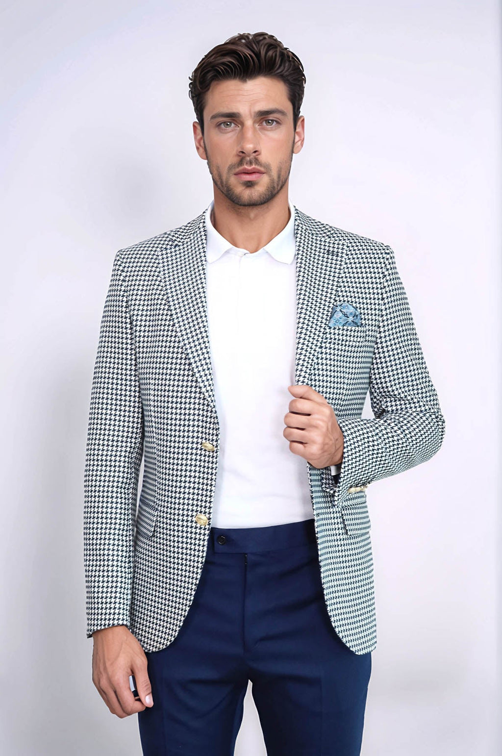 Navy Blue Houndstooth Pattern Gold Metal Button Slim Fit Men's Blazer Jacket - Wessi