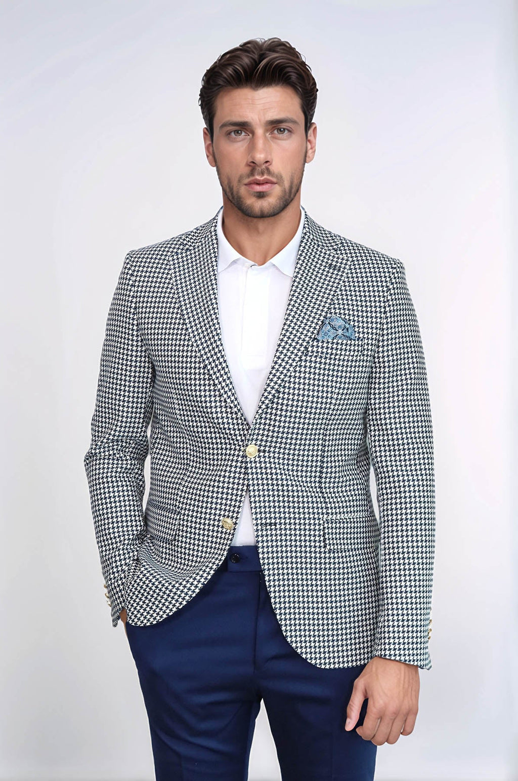 Navy Blue Houndstooth Pattern Gold Metal Button Slim Fit Men's Blazer Jacket - Wessi