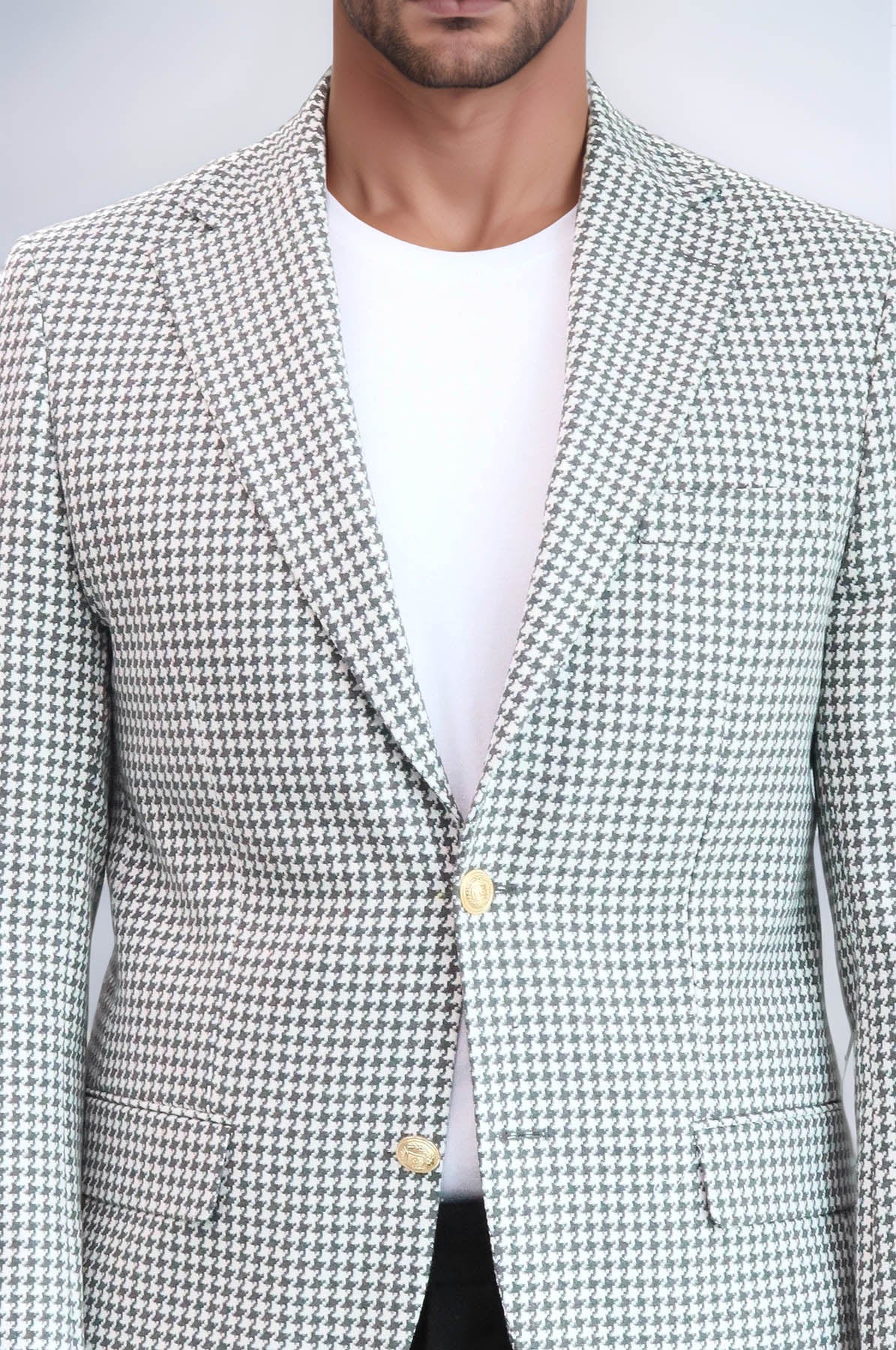 Light Grey Houndstooth Pattern Gold Metal Button Slim Fit Men's Blazer Jacket - Wessi