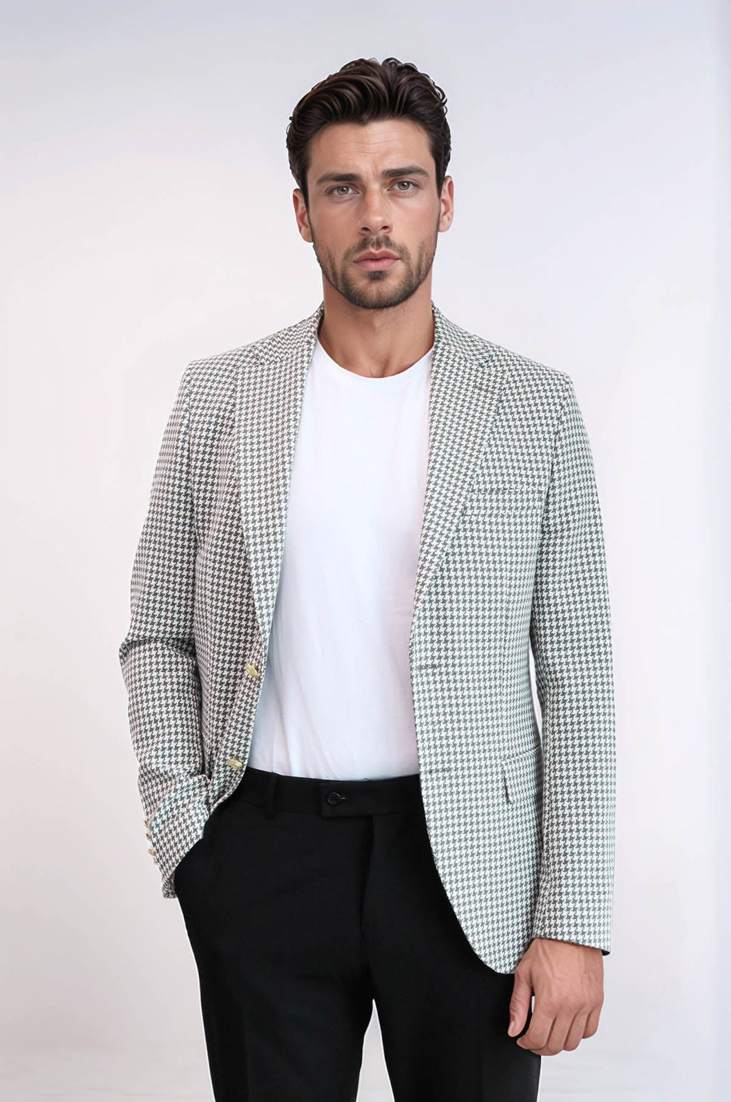 Light Grey Houndstooth Pattern Gold Metal Button Slim Fit Men's Blazer Jacket - Wessi