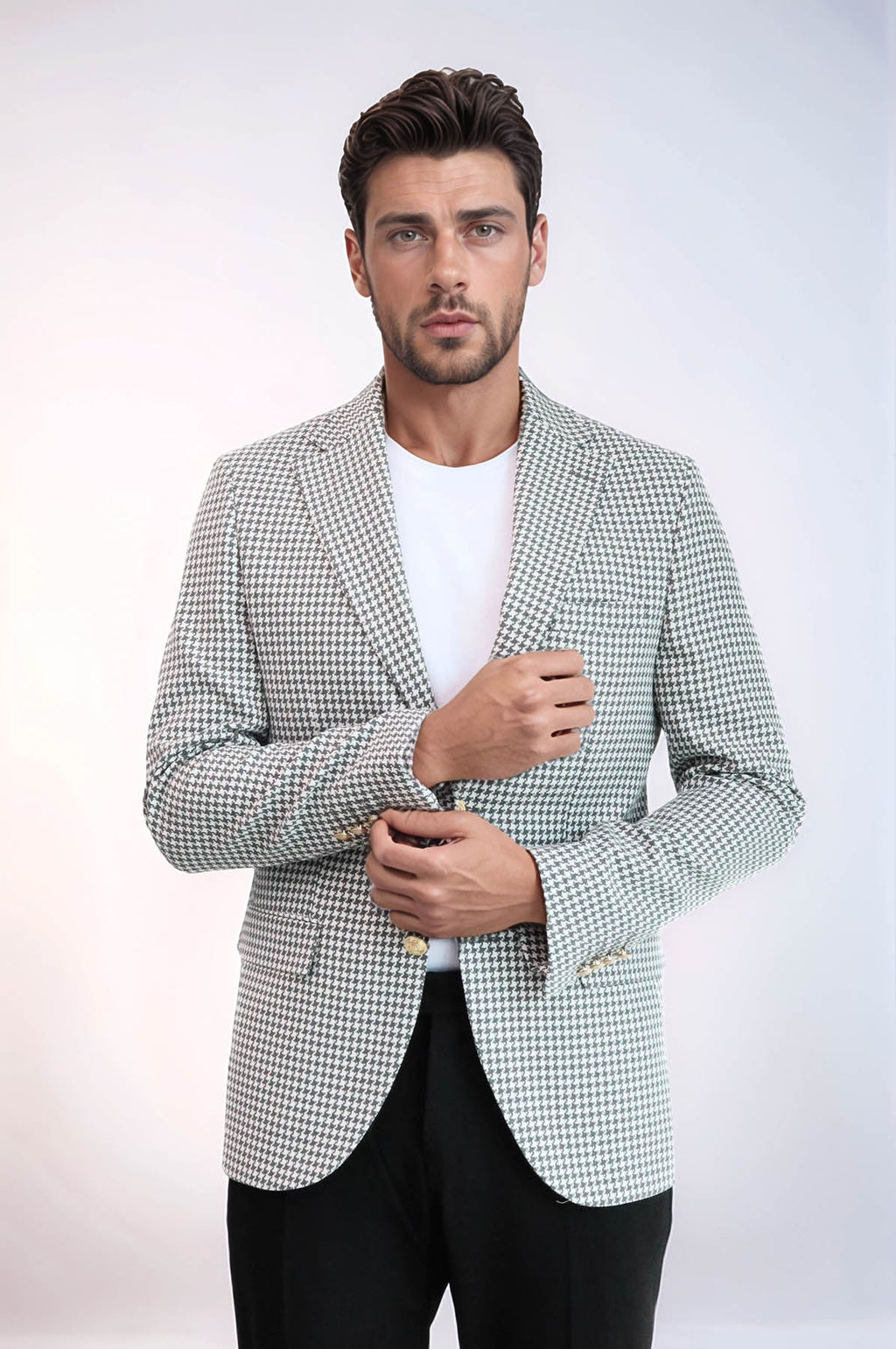 Light Grey Houndstooth Pattern Gold Metal Button Slim Fit Men's Blazer Jacket - Wessi